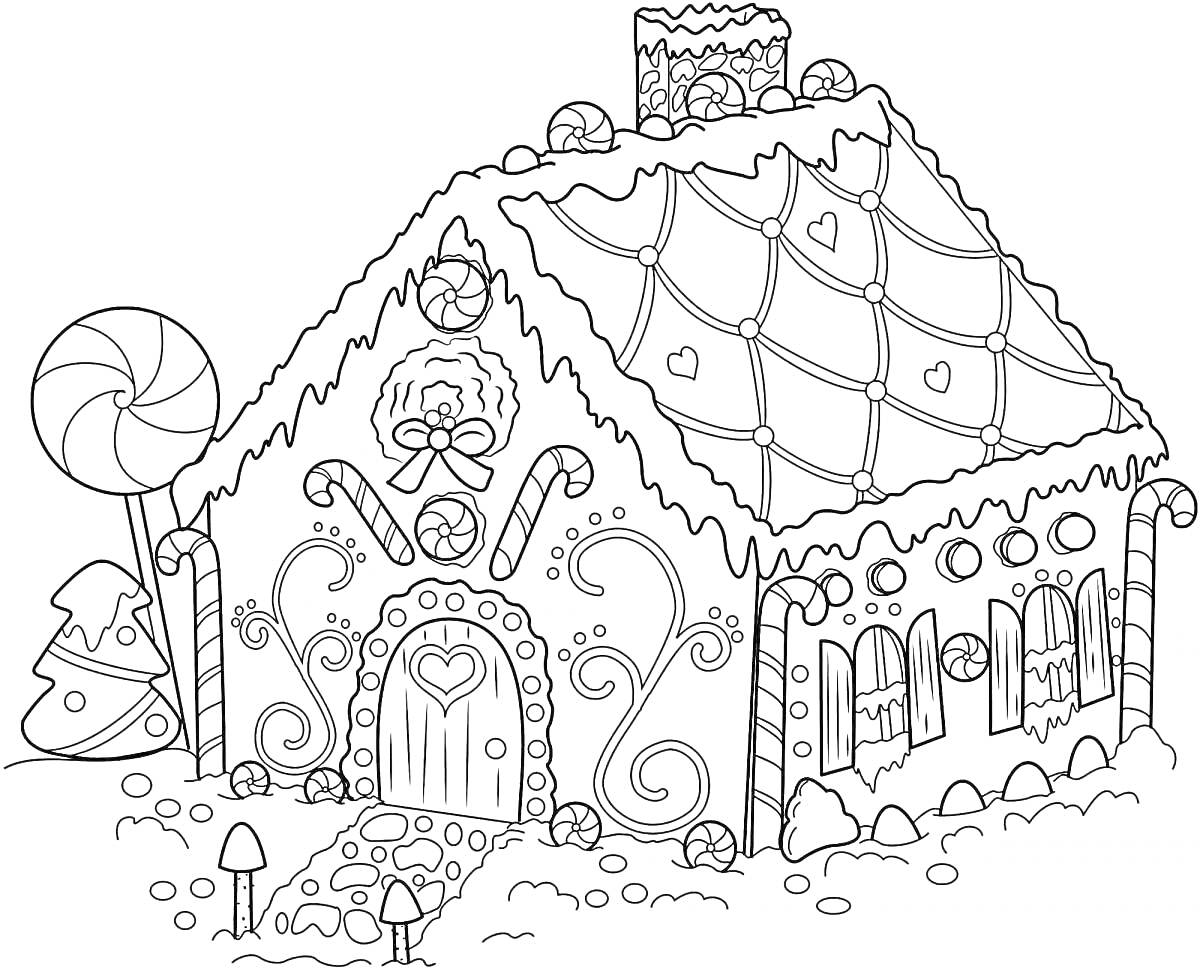 На раскраске изображено: Пряничный домик, Сладости, Леденцы, Грибы, Крыша, Украшения