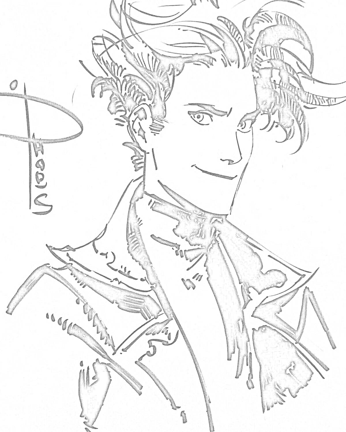 Раскраска Портрет майора грома в черной куртке с высоким воротником и волнистыми волосами
