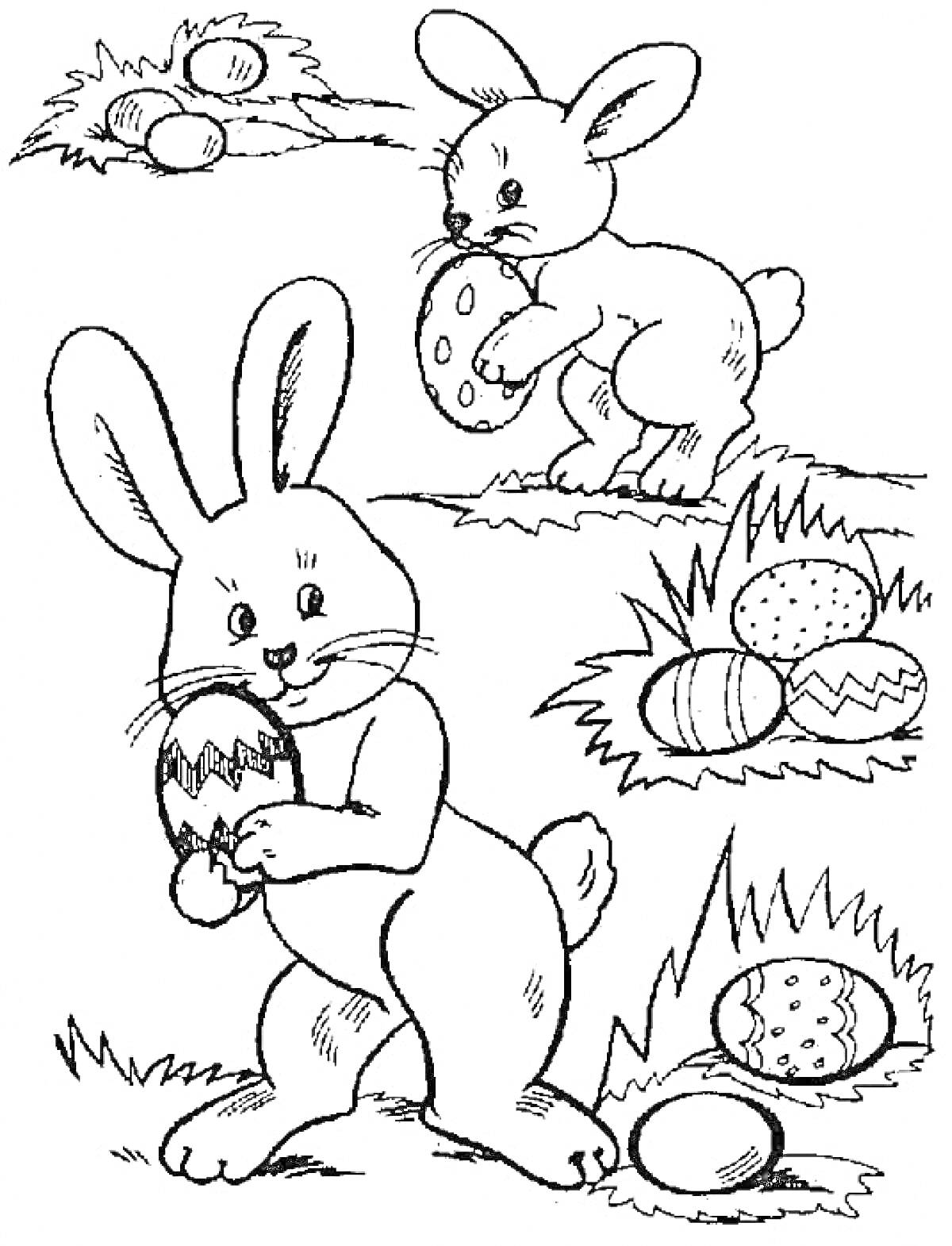 На раскраске изображено: Пасха, Пасхальные яйца, Трава, Для детей, Кролик