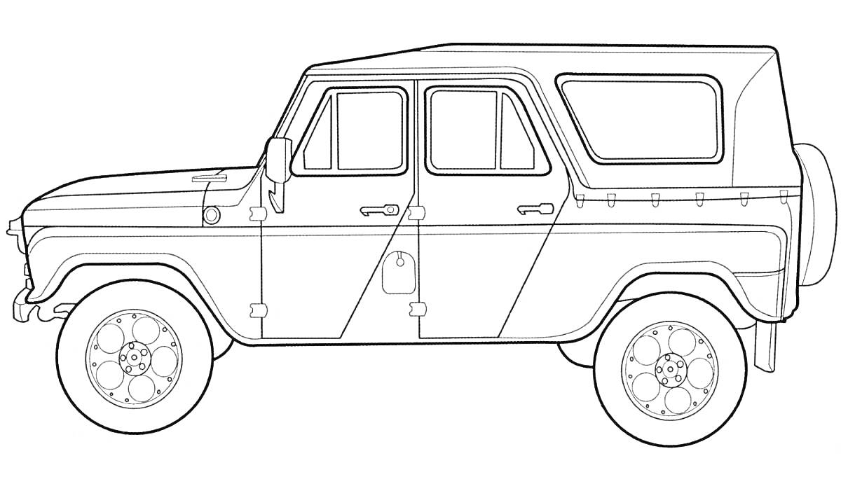 Раскраска Раскраска уазик боковой вид, УАЗ-469 с четырьмя дверями, запасное колесо сзади
