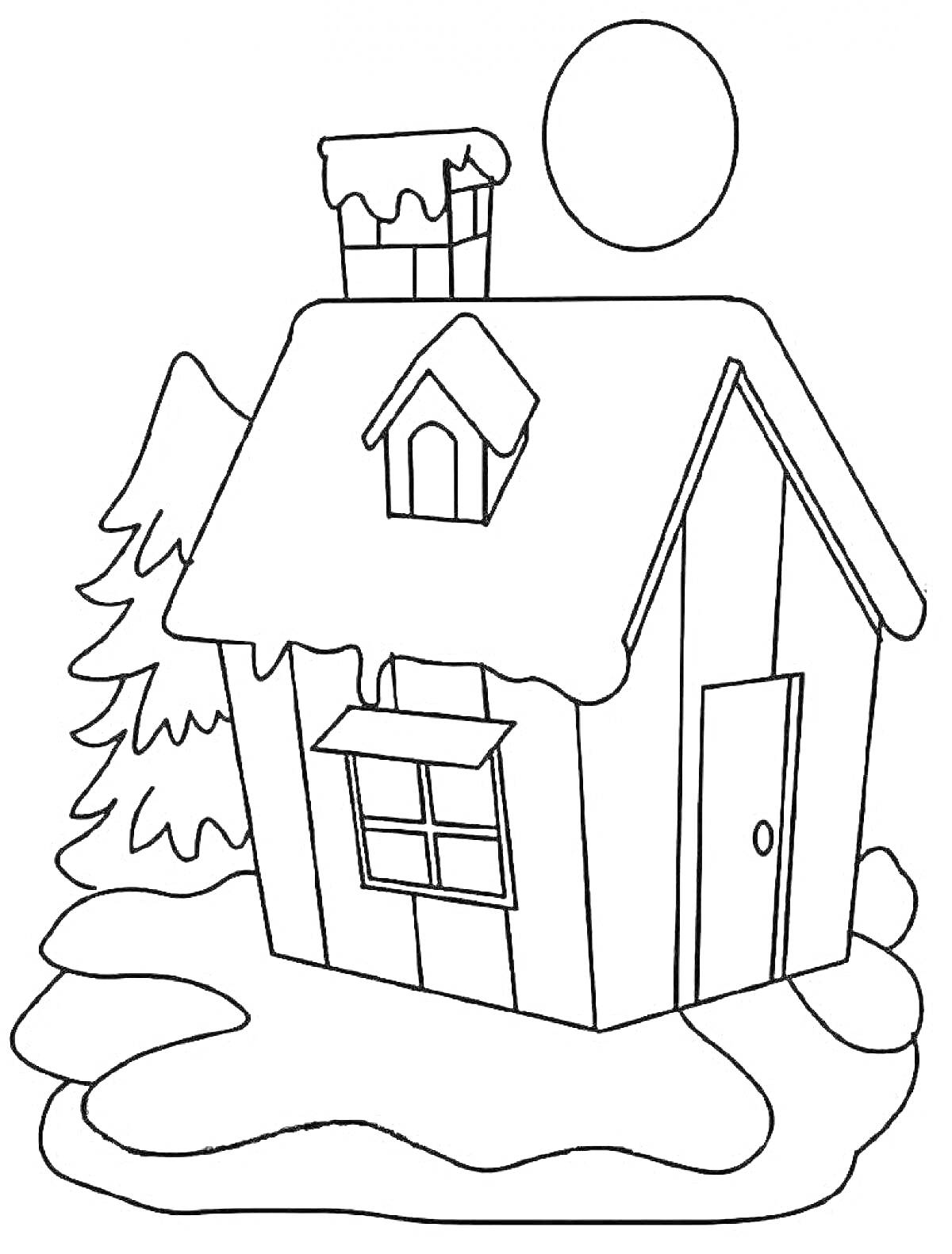 На раскраске изображено: Зима, Дом, Снег, Солнце, Труба, Крыша, Дверь