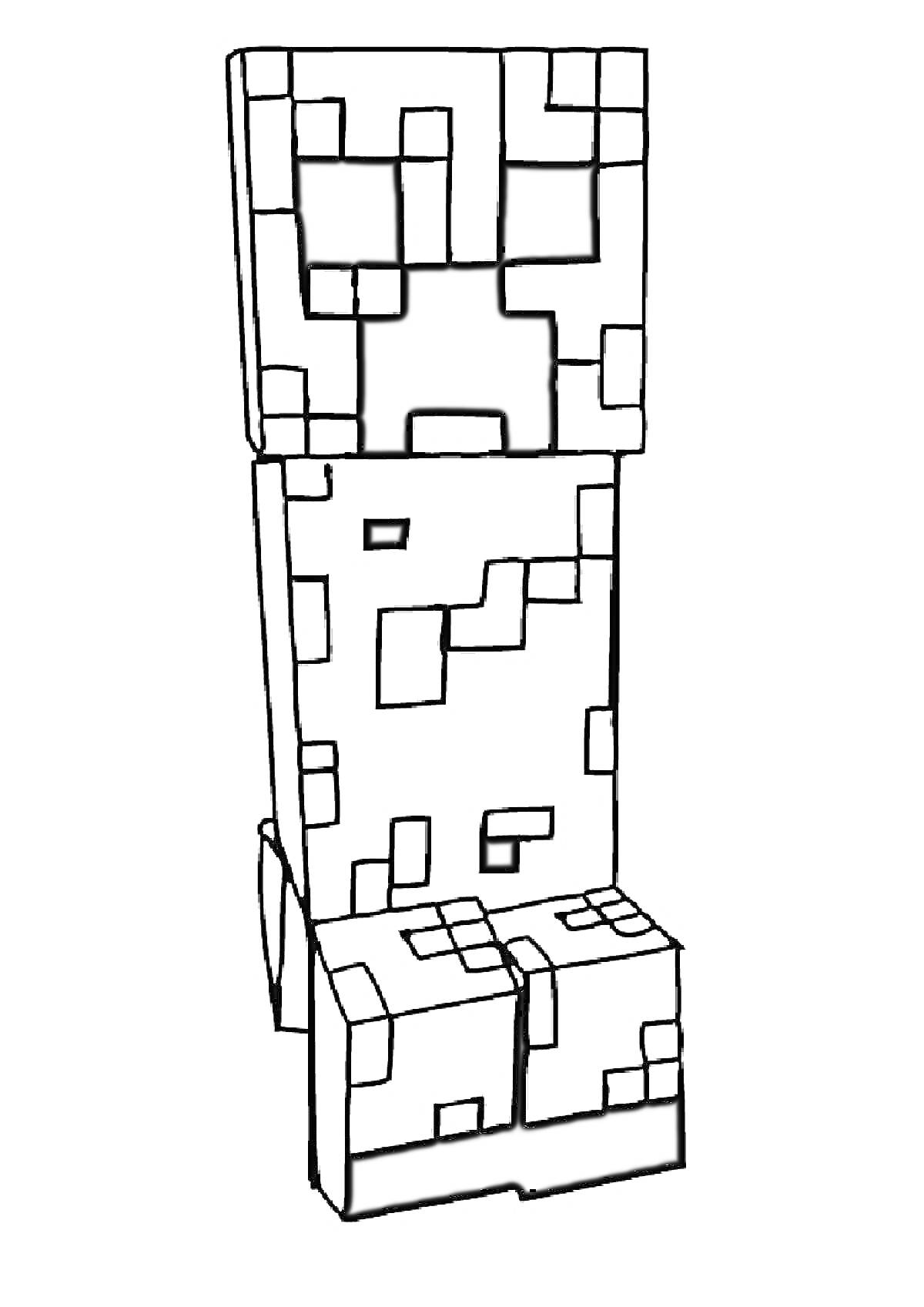 Крипер из игры Minecraft, пиксельный персонаж с квадратной головой, телом и ногами, состоящий из черно-белых блоков