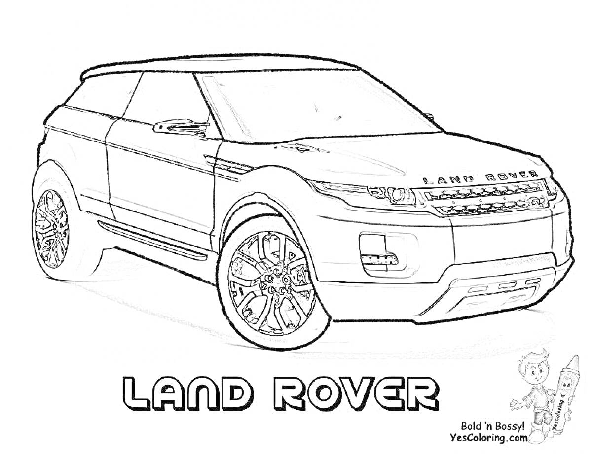 На раскраске изображено: Land Rover, Капот, Колёса, Надпись