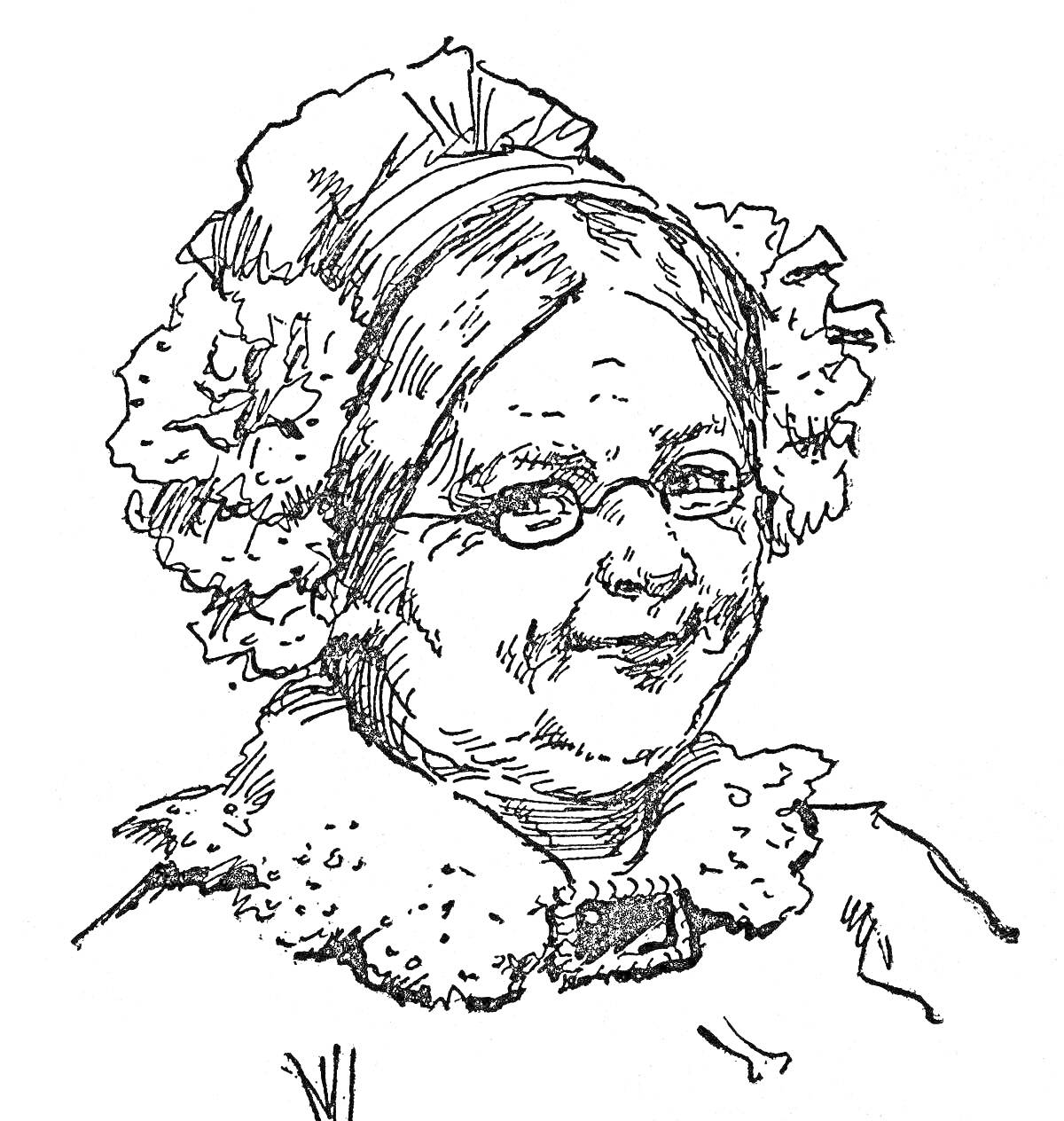 Раскраска Портрет бабушки в очках с кружевной накидкой и цветочным головным убором