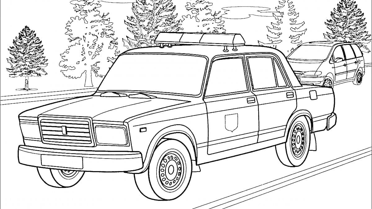 Раскраска Патрульная полиция Лада на дороге с деревьями и автомобилем на заднем плане