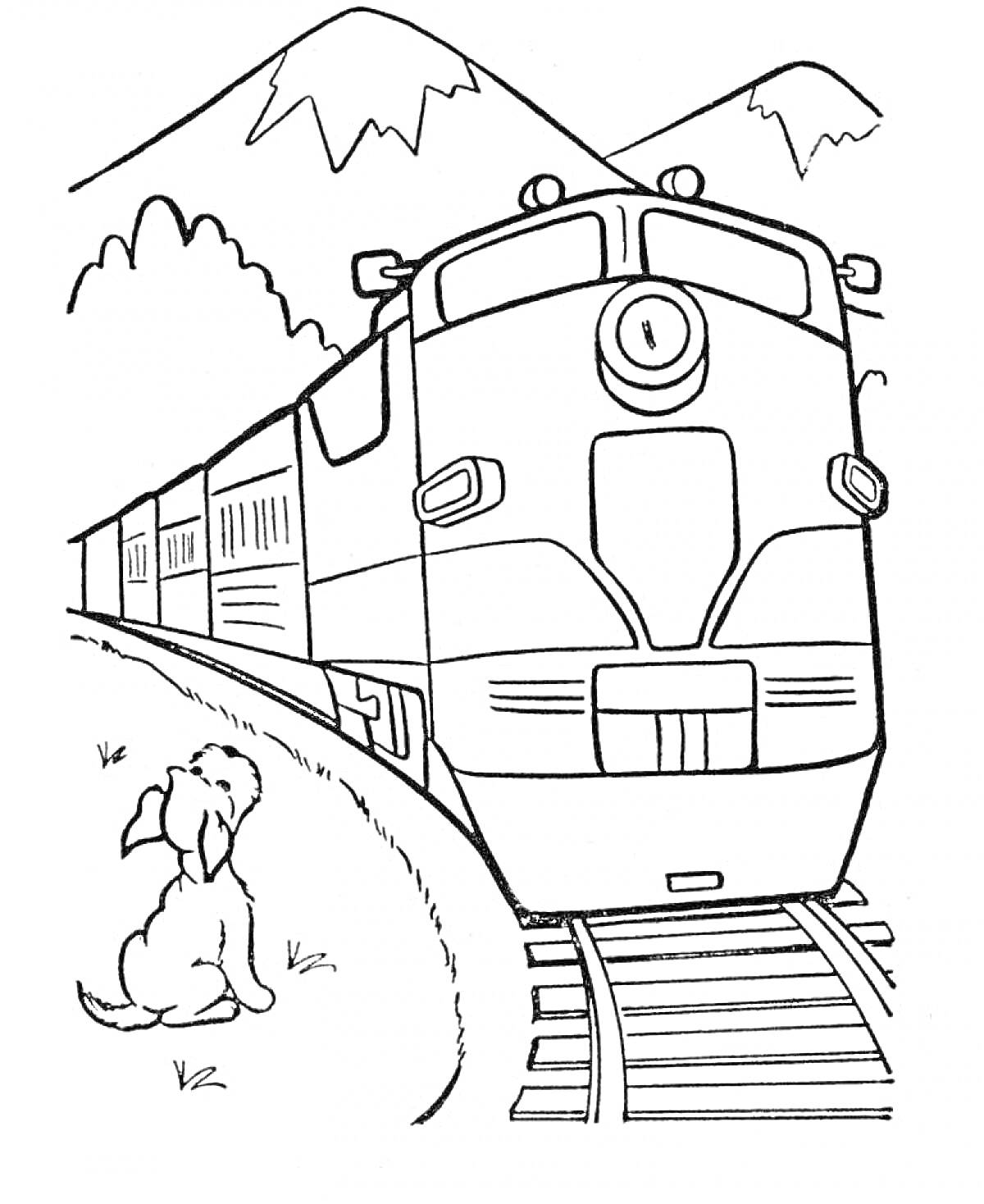 На раскраске изображено: Поезд, Железная дорога, Рельсы, Горы, Пейзаж, Собака, Природа, Для детей