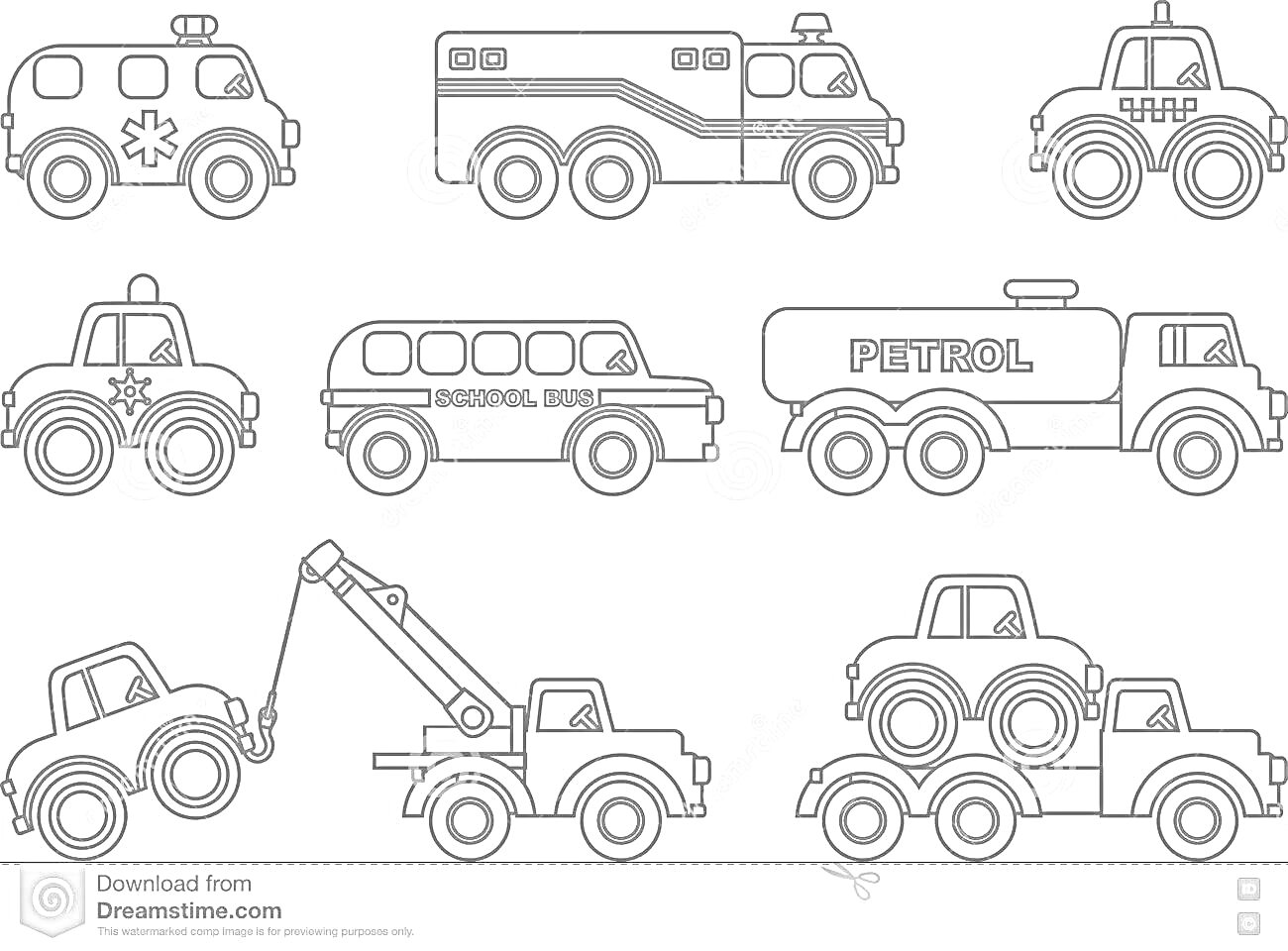 Раскраска Специальный транспорт для детей: скорая помощь, пожарная машина, полицейская машина, машина медицинской помощи, школьный автобус, бензовоз, эвакуатор, автовоз