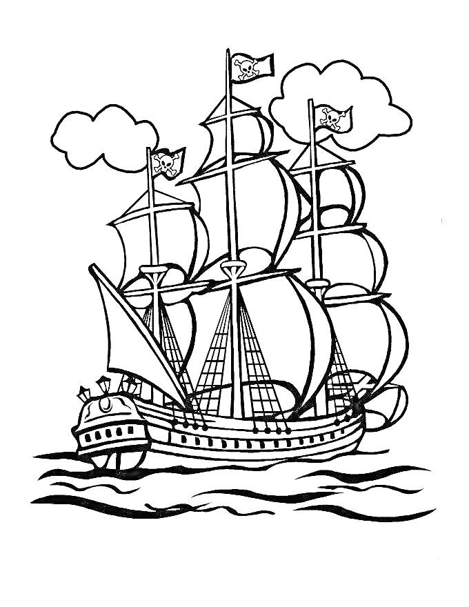 Раскраска Пиратский корабль с парусами и флагами с черепами, плывущий по волнам, под облаками