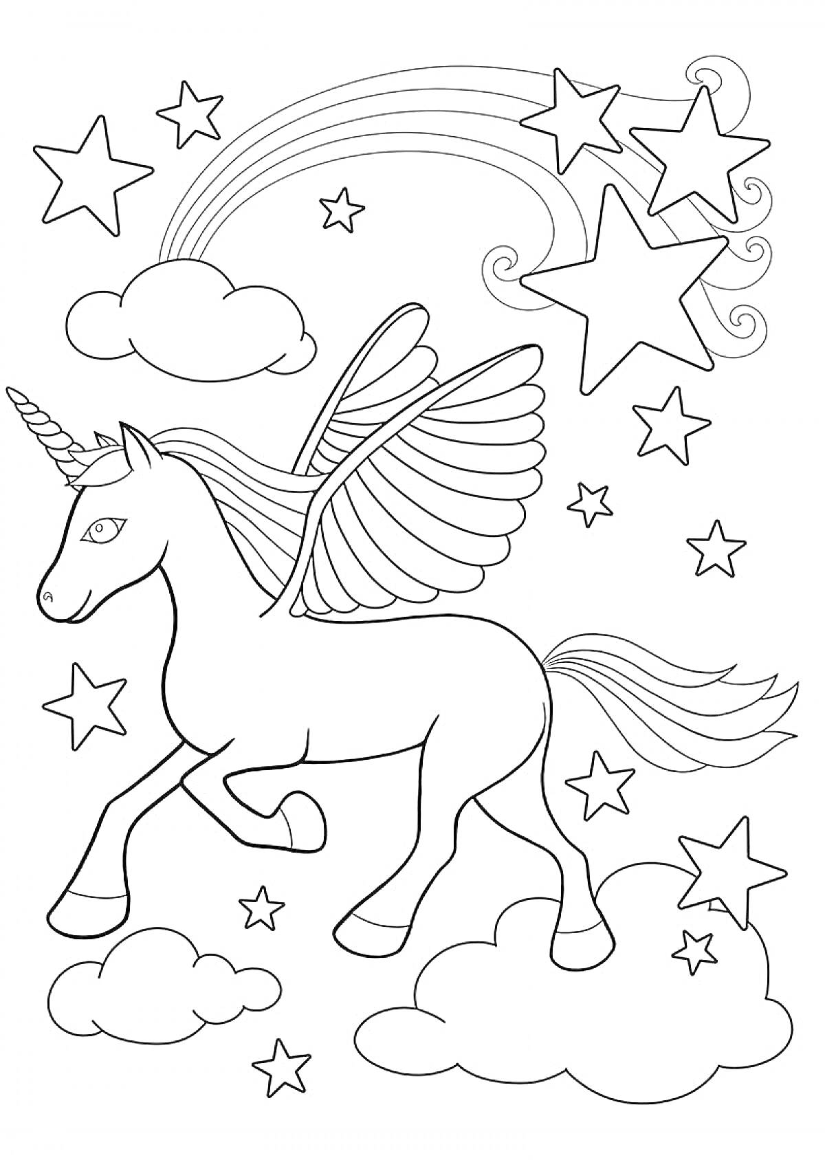 Раскраска Единорог с крыльями, облака и звезды