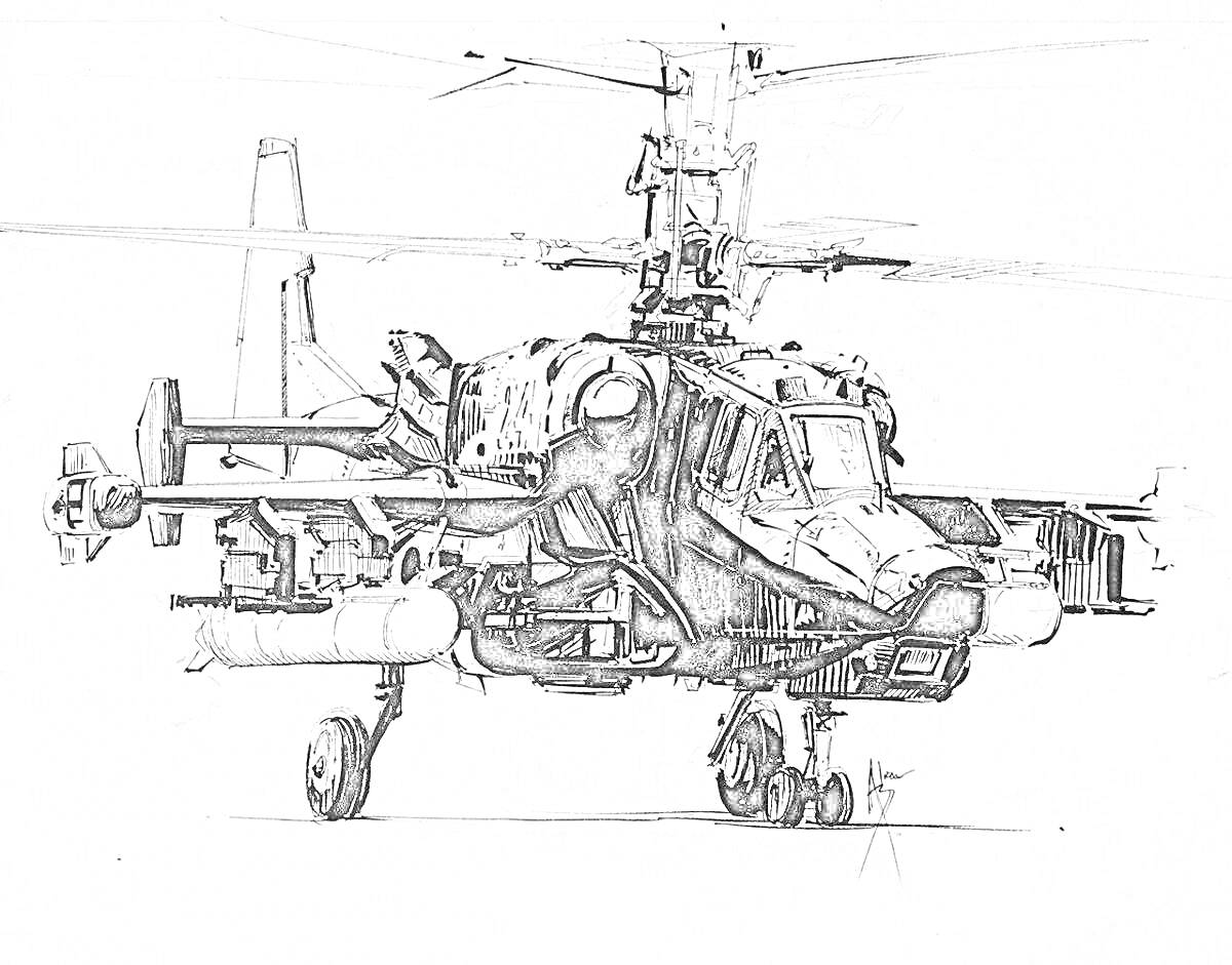 Раскраска Вертолёт Ка-52 с деталями корпуса, винтами, вооружением и шасси