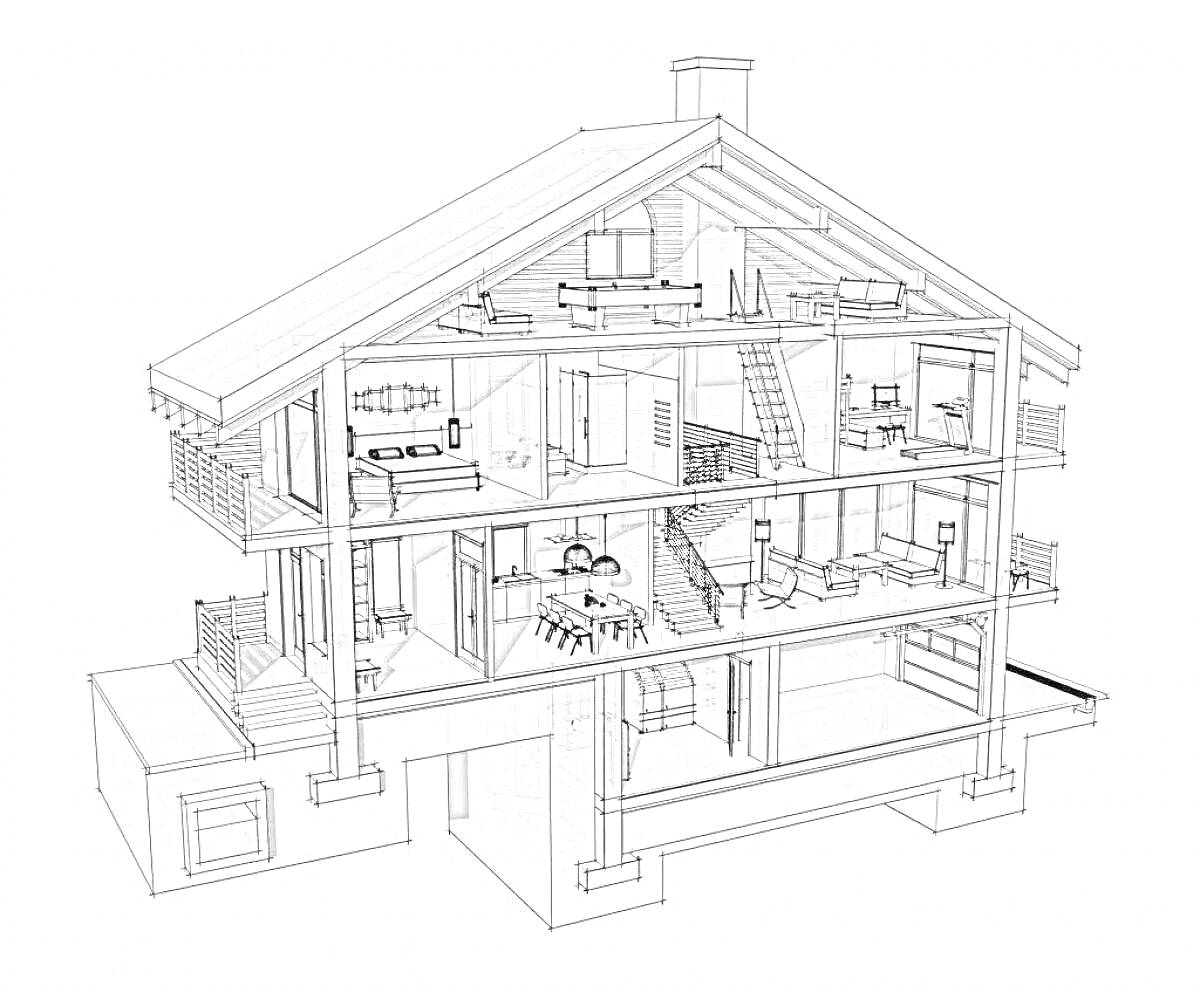 На раскраске изображено: Дом, Разрез, Комнаты, Мебель, Чердак, Лестница, Кухня, Гостиная, Спальня