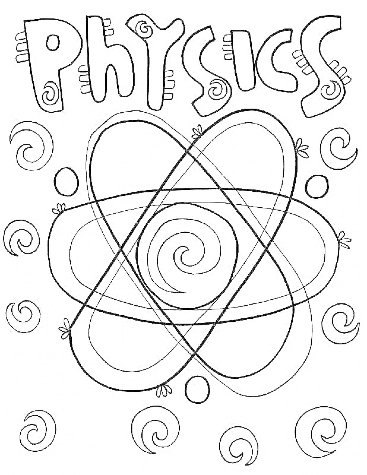 Раскраска Physics с атомной структурой и спиральными элементами