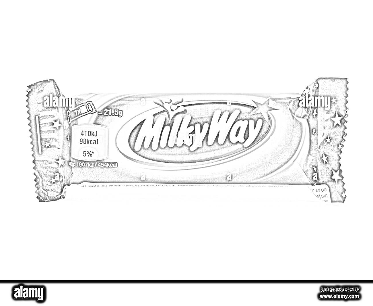 Батончик Milky Way в синей упаковке с логотипом, звездочками и указанием калорийности на упаковке