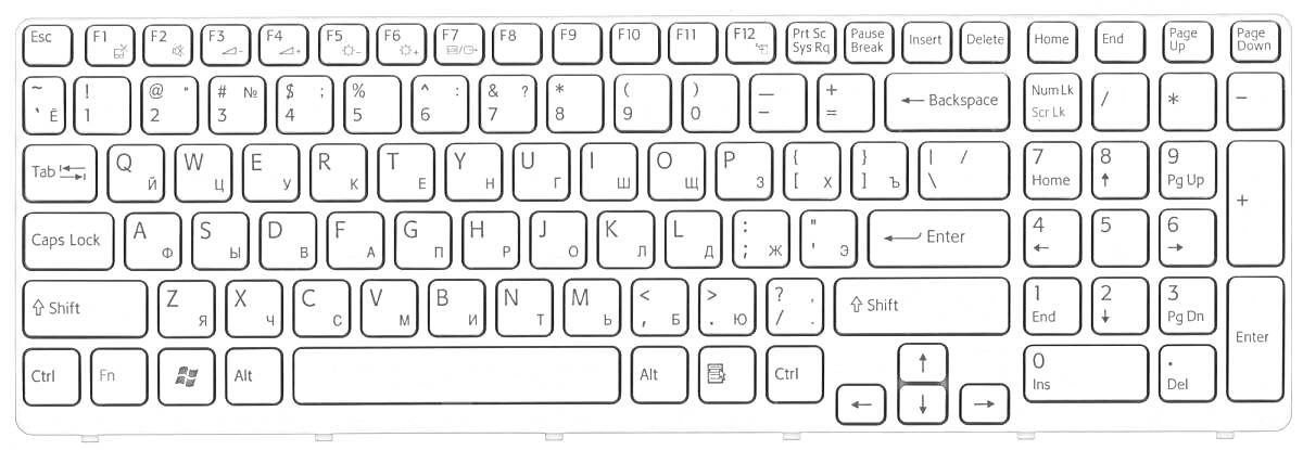 РаскраскаКлавиатура ноутбука с буквенно-цифровыми, функциональными клавишами, клавишами управления курсором (стрелки), клавишами управления системой и цифровой клавиатурой