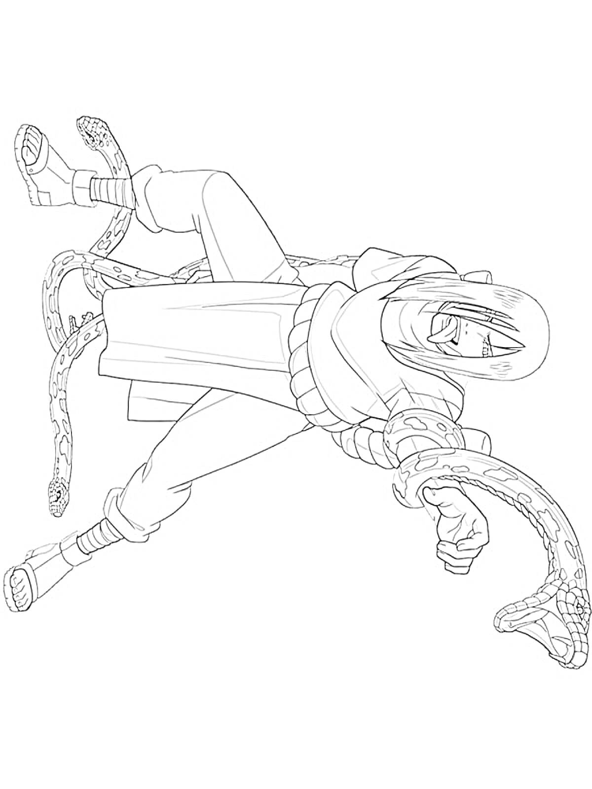 Раскраска Ниндзя с длинными волосами и змеями, атакующий в прыжке