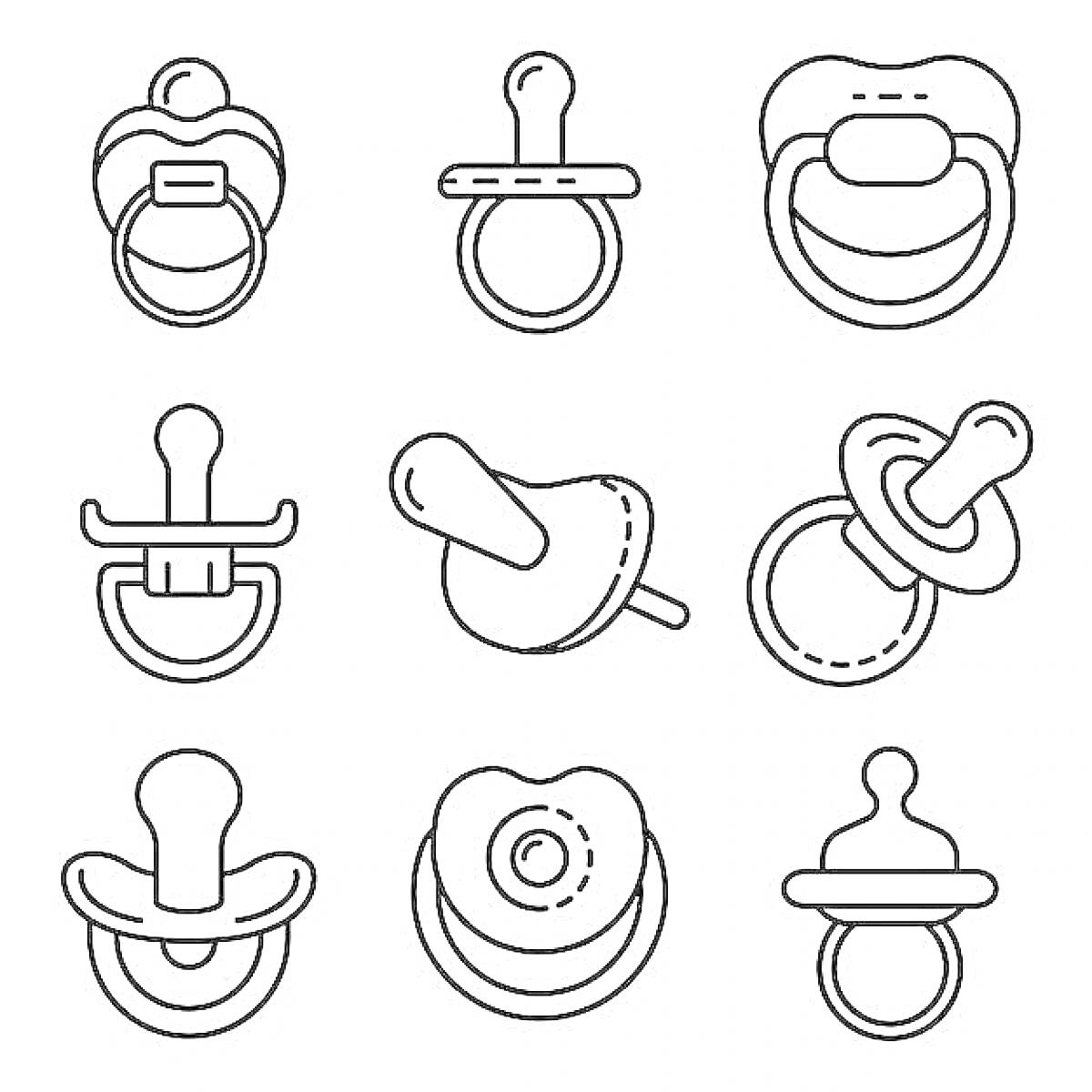 Раскраска Раскраска с девятью видами сосок: классическая, квадратная с ручкой, круглая с сердечком, с держателем, наклоненная, с кольцом, в виде формы гриба, со звездой, с двойной ручкой