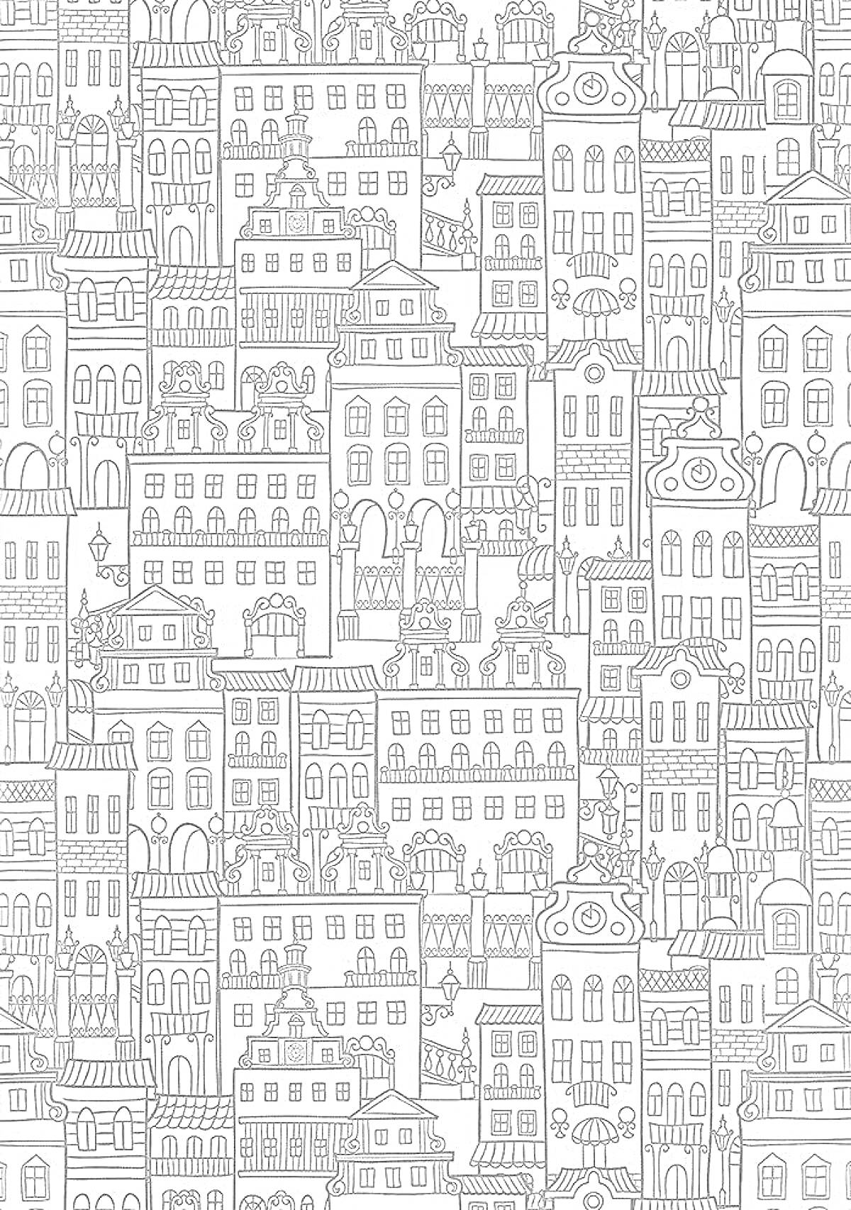 Раскраска Городские дома с декоративными элементами, окнами, дверями и крышами