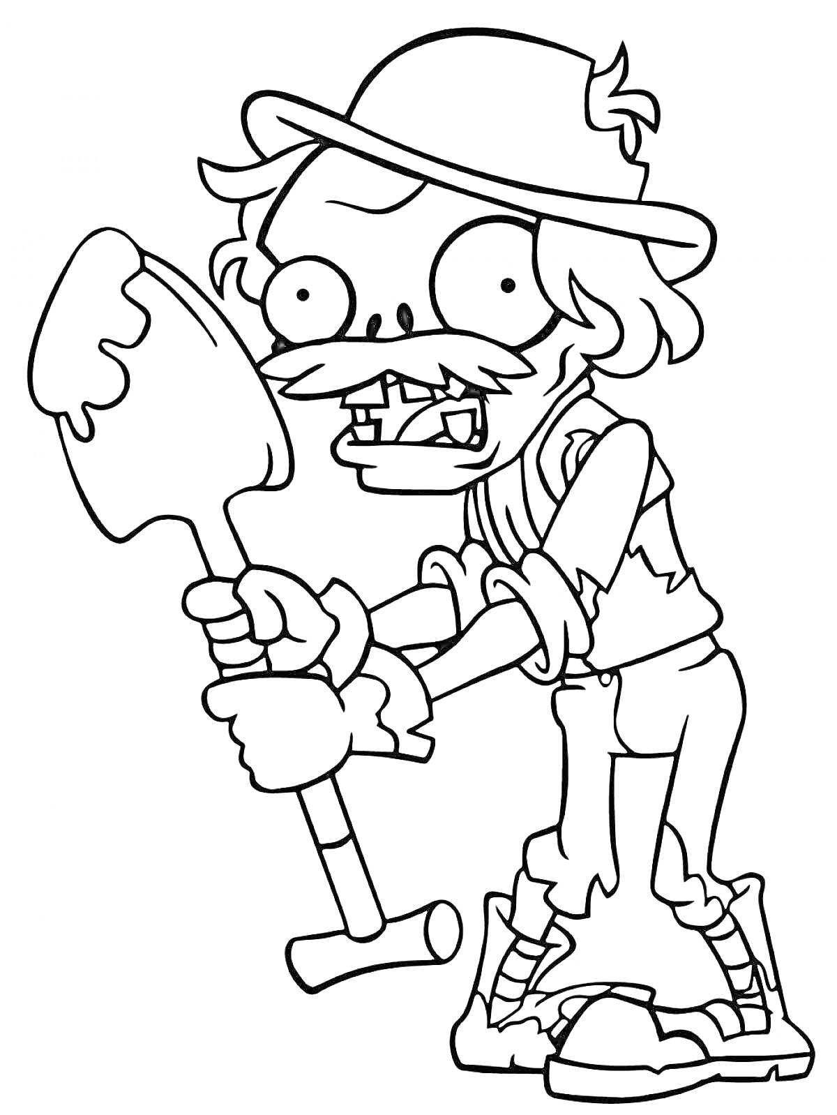 Раскраска Зомби с лопатой в шляпе и рваной одежде