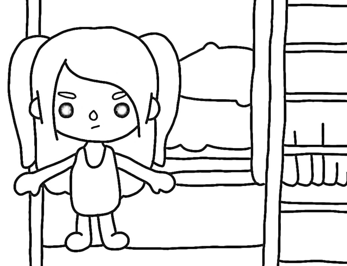 Раскраска Девочка с длинными волосами, стоящая возле двуспальной кровати
