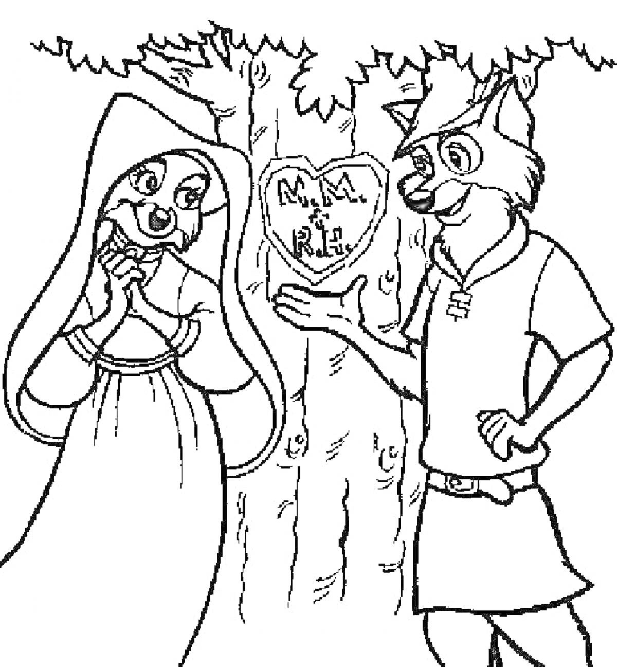 Робин Гуд и леди в лесу, сердце с надписью на дереве