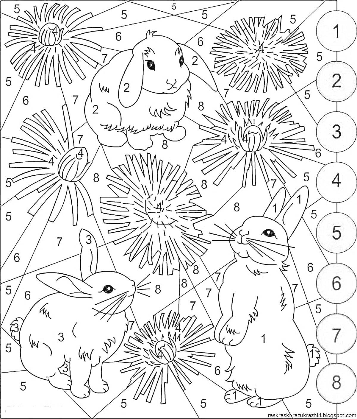 РаскраскаТри кролика и цветы-одуванчики