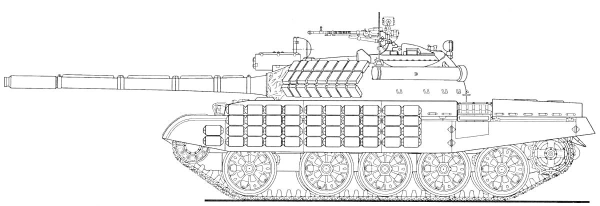 На раскраске изображено: Танк, Т-72, Военная техника, Бронетехника, Пушка, Катки