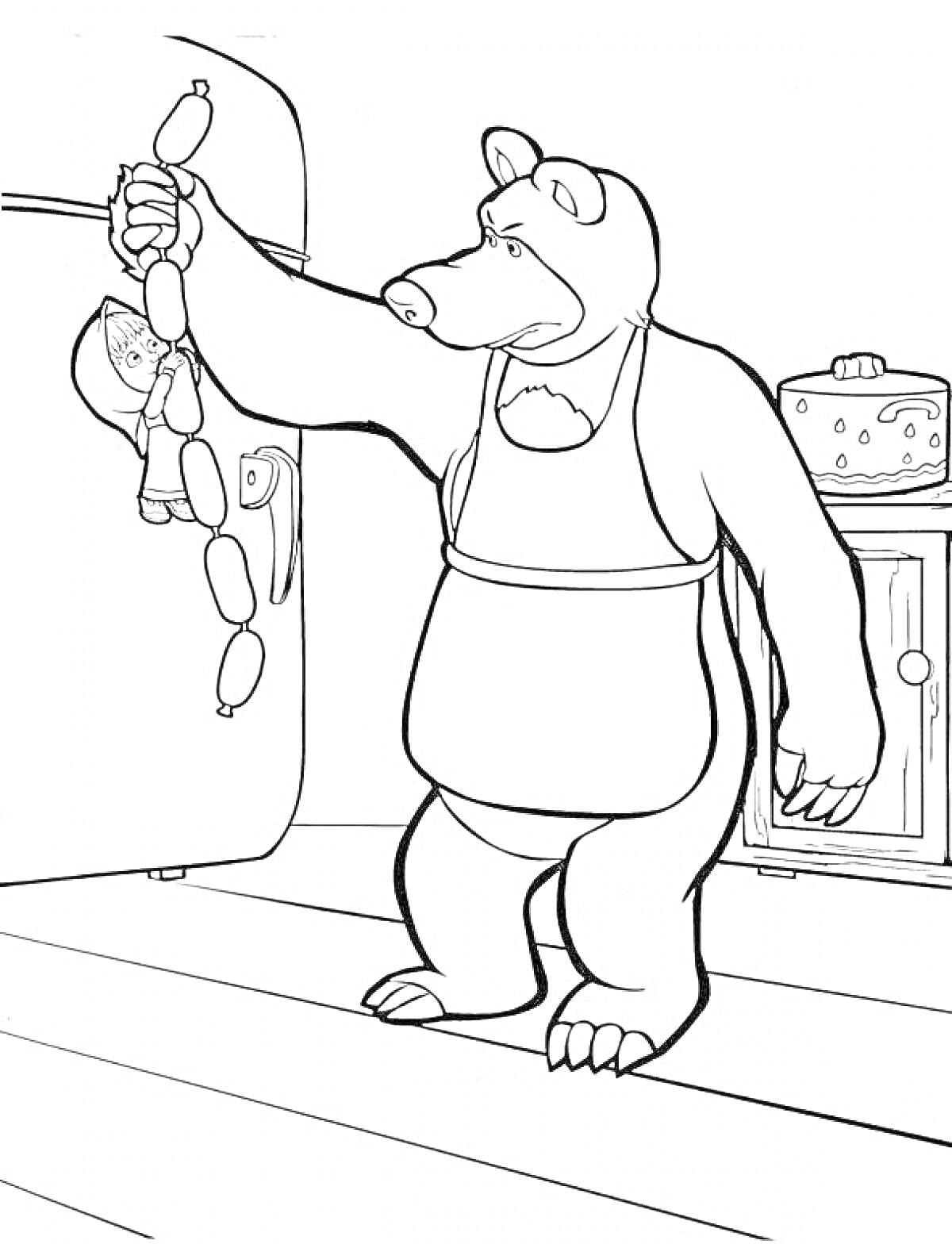 Раскраска Белый Медведь держит Машу и сосиски в своей кухне, на фоне холодильник и шкаф с пирогом