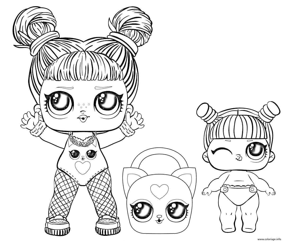 Раскраска Куклы LOL с рюкзаком в виде кошки, одна кукла с поднятыми руками в костюме и сетчатых колготках, вторая кукла меньшего размера, подмигивающая