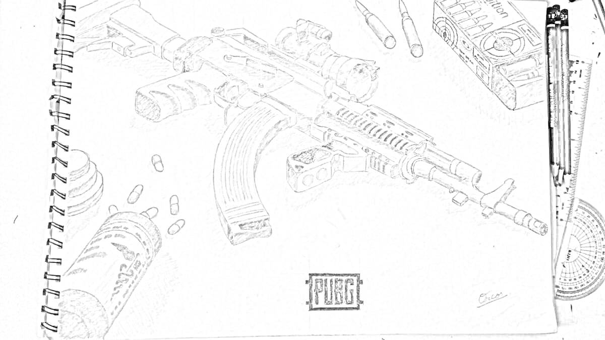 Раскраска Автомат Калашникова, патроны, магазин, оптика, глушитель, обойма, коробка патронов, банка энергетика, значок PUBG