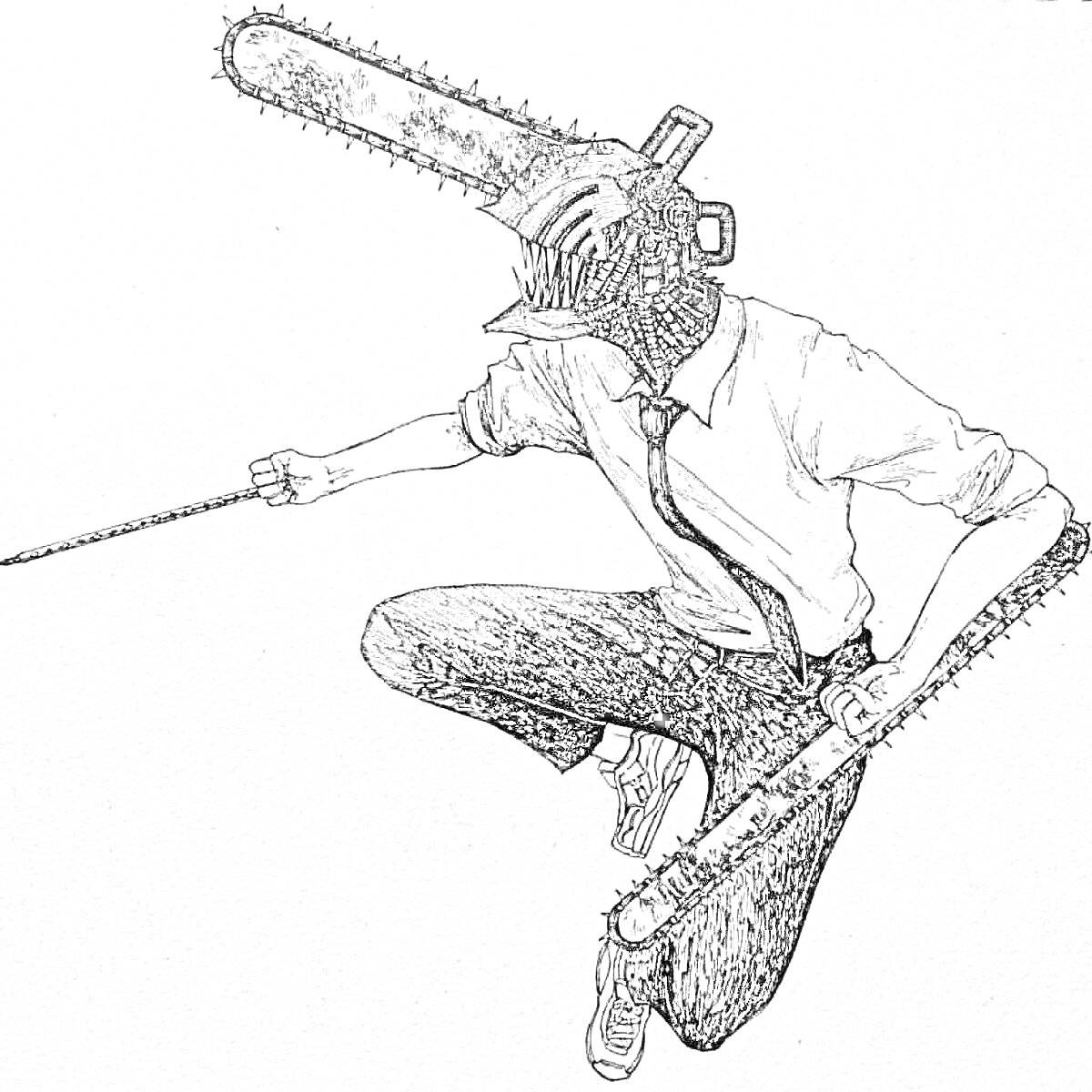 Раскраска Человек бензопила с мечом и бензопилами вместо головы и руки