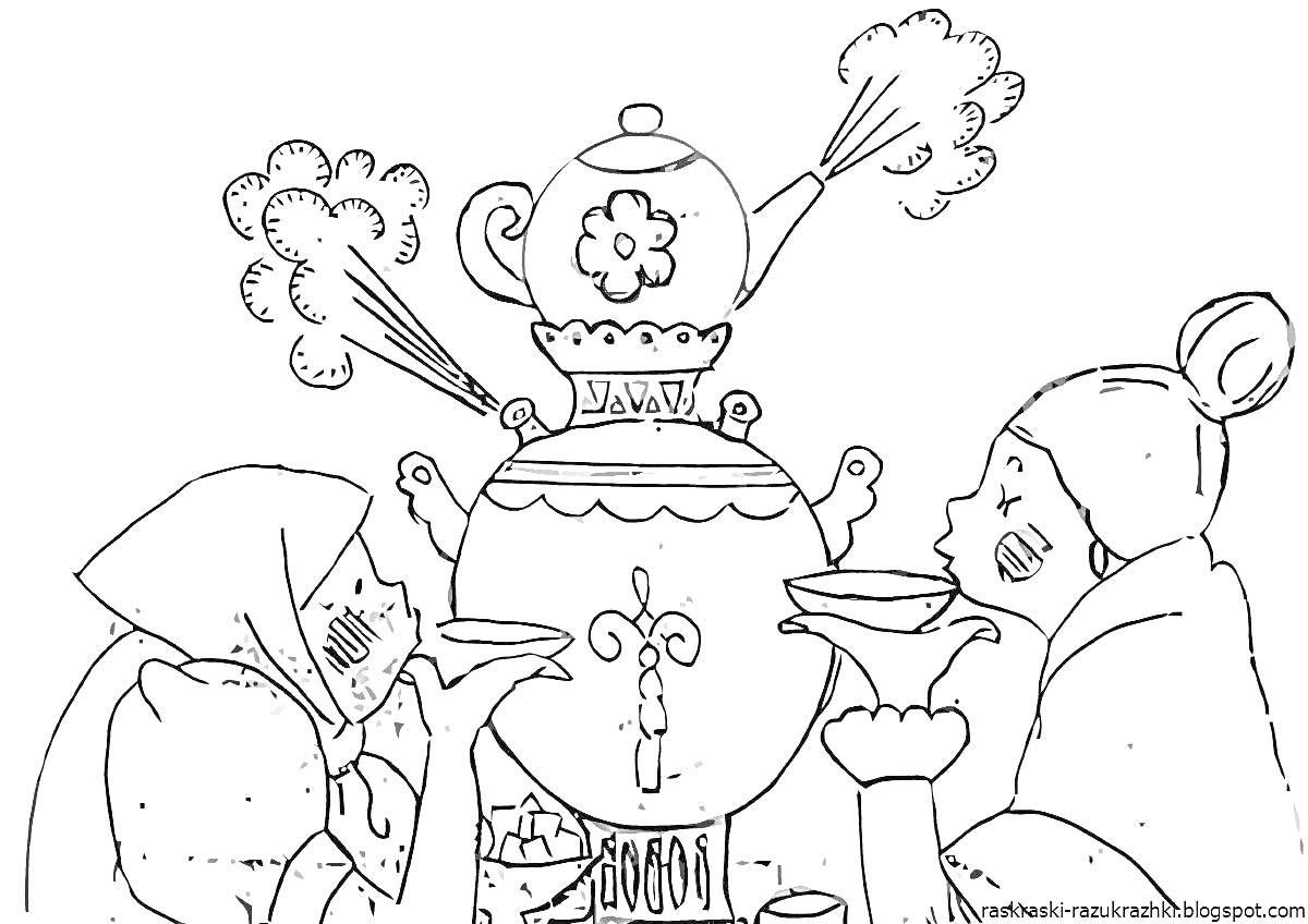 На раскраске изображено: Масленица, Самовар, Чай, Традиции, Женщина, Праздники