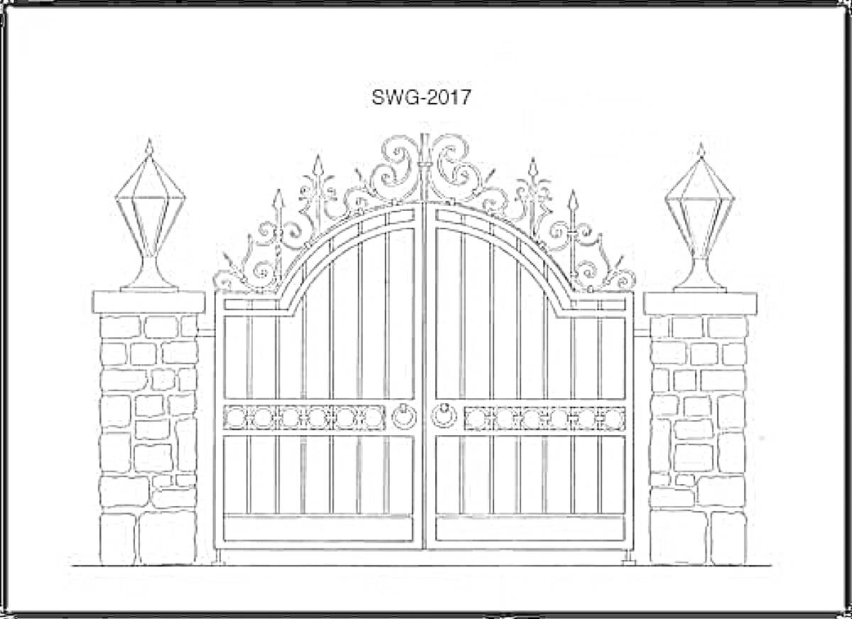 На раскраске изображено: Ворота, Фонари, Вход