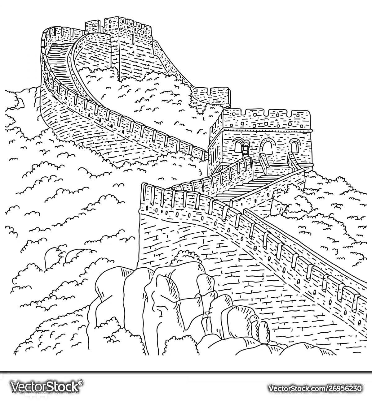 Раскраска Великая Китайская стена, крепостные башни и горный ландшафт