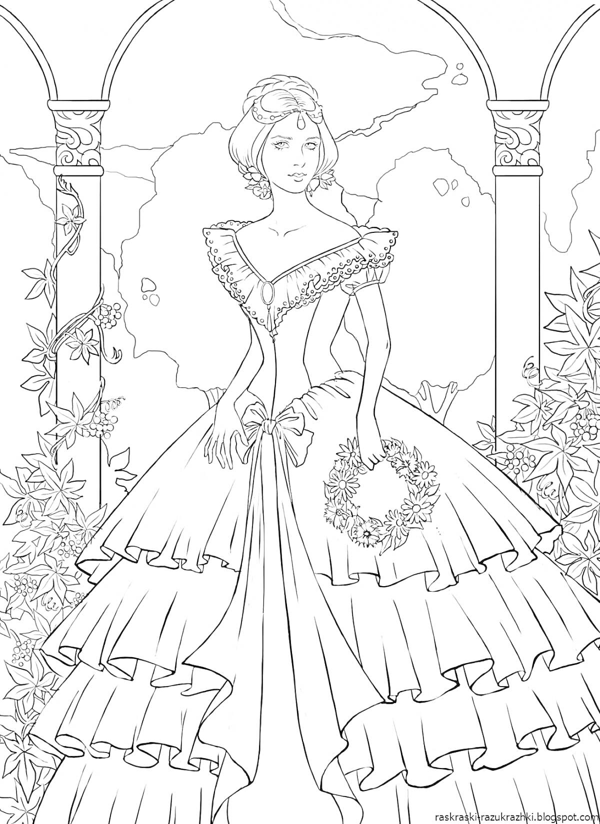 На раскраске изображено: Принцесса, Платье, Венок, Вьющиеся растения, Красавица, Пышное платье, Природа