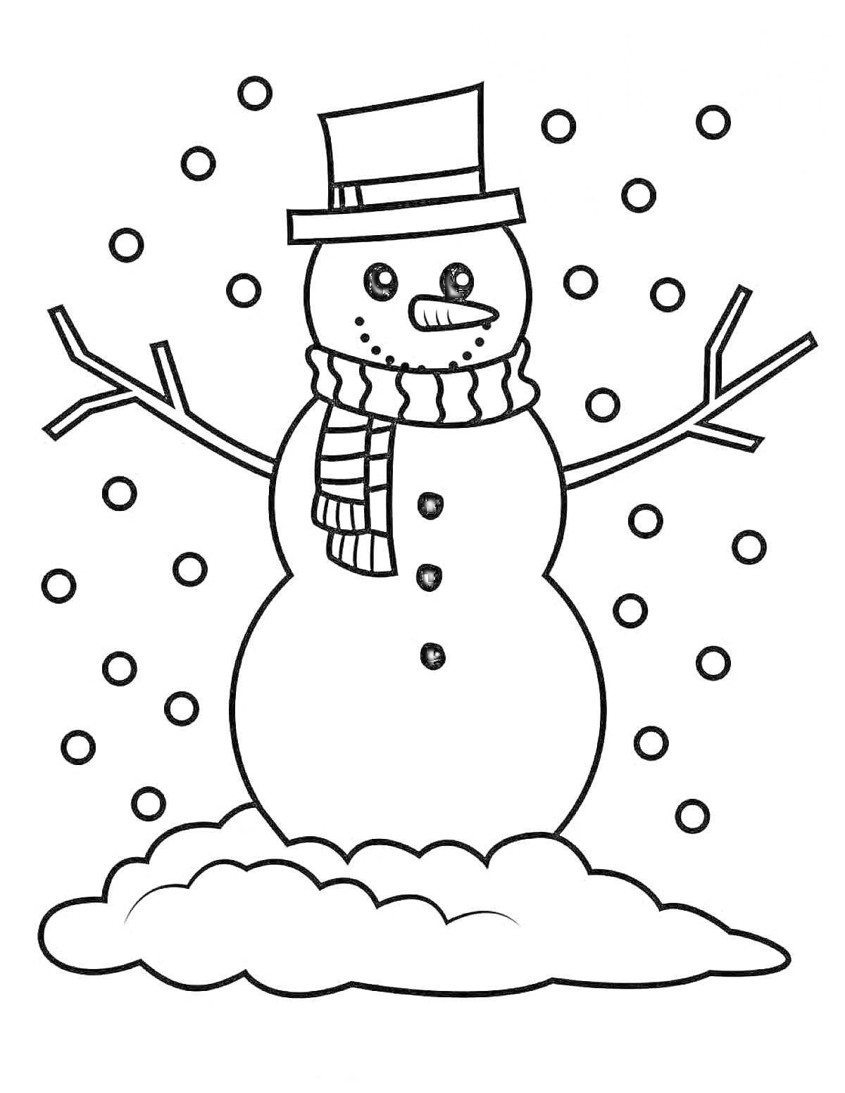 На раскраске изображено: Шляпа, Шарф, Снег, Зима, Пуговицы, Палки, Снегопад, Для малышей, Морковь, Снеговики