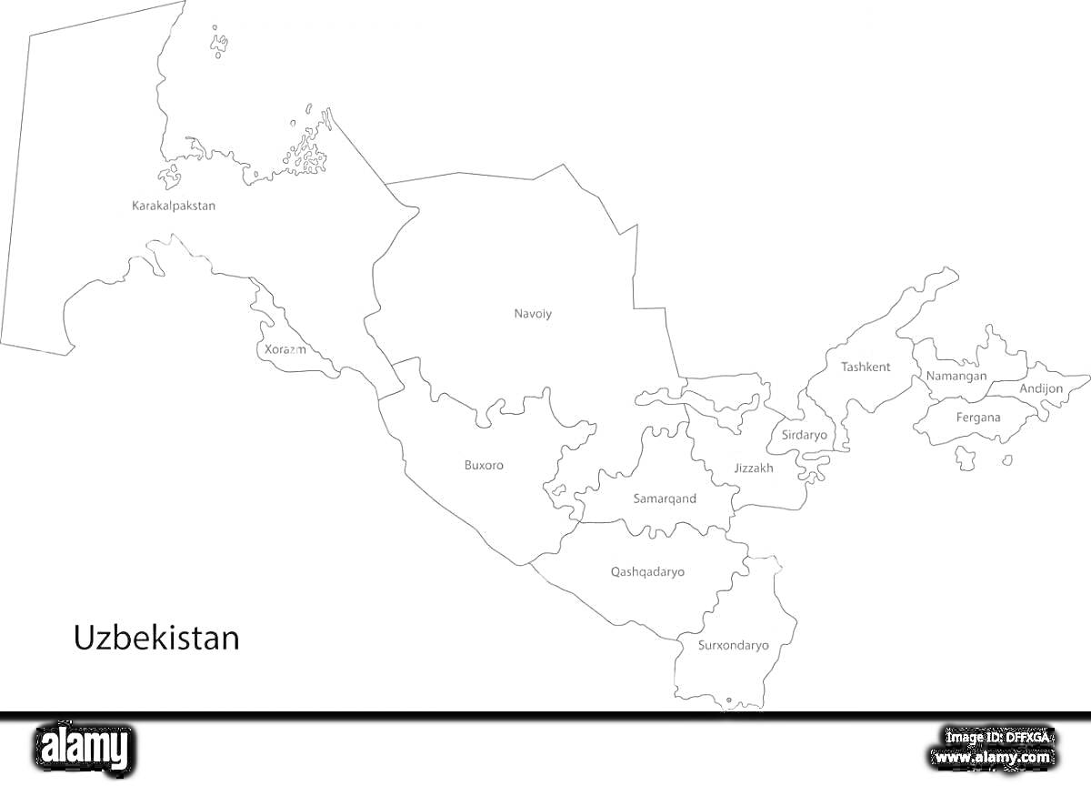 Раскраска Карта контурная Узбекистана с регионами и обозначением столиц регионов