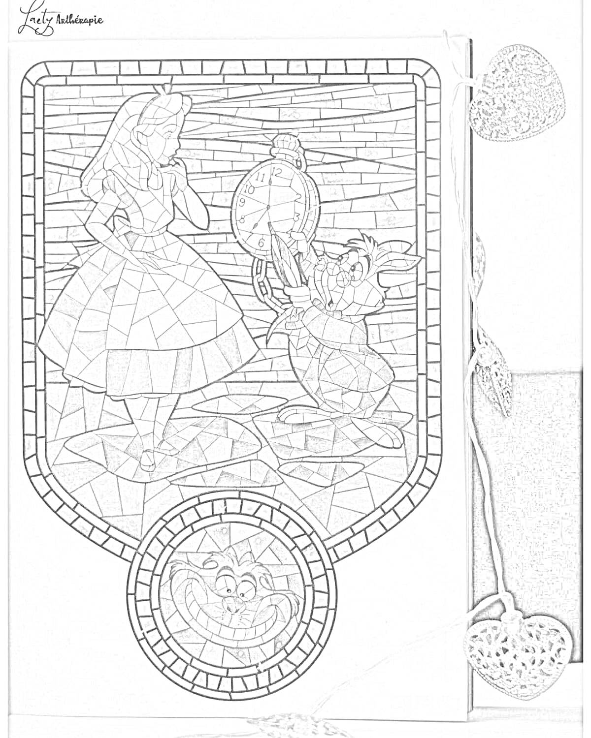 Раскраска Алиса, Белый Кролик и Чеширский Кот на витраже