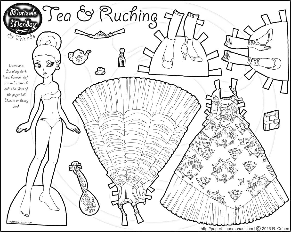 Раскраска Кукла, веер, чайник, пирожное, бант, бусы, перчатки, босоножки, юбка с рубашкой, платье