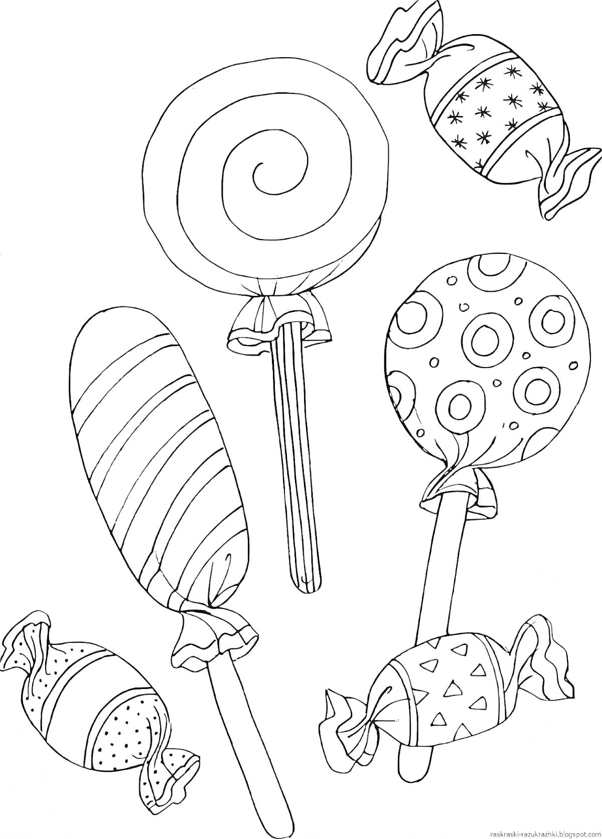 Раскраска Леденцы и конфеты с обертками и узорами