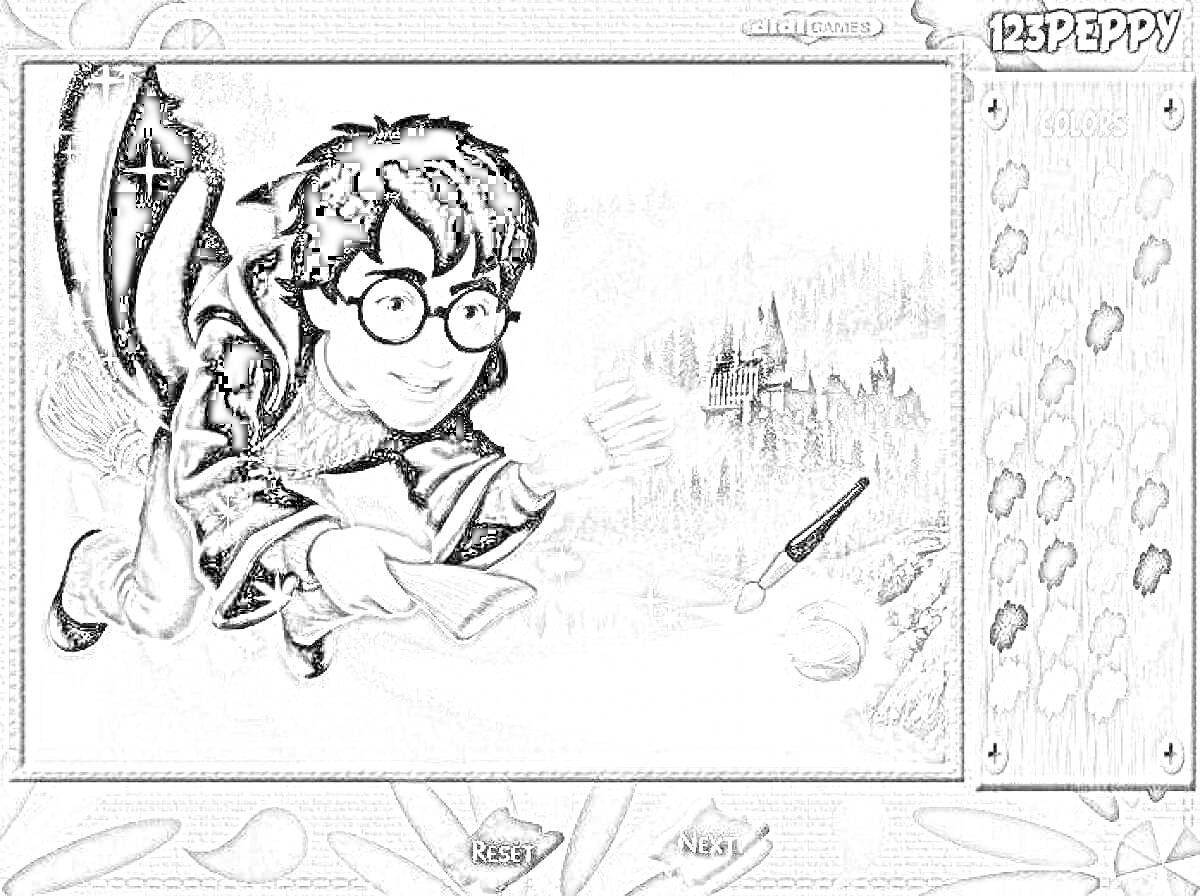 Раскраска Гарри Поттер на метле с золотым снитчем на фоне замка и природы