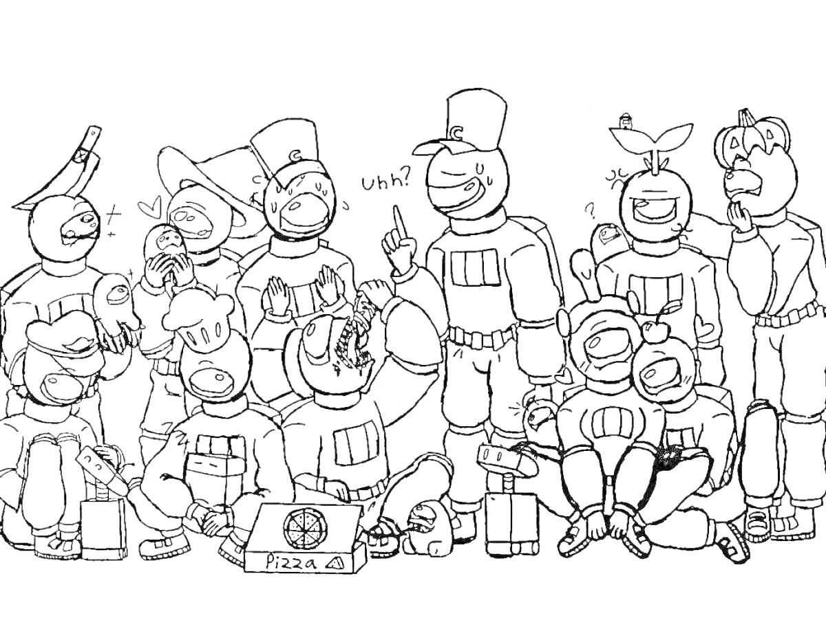 Раскраска Группа персонажей Among Us с разными шляпами и аксессуарами, включая головные уборы, питомцев и пиццу