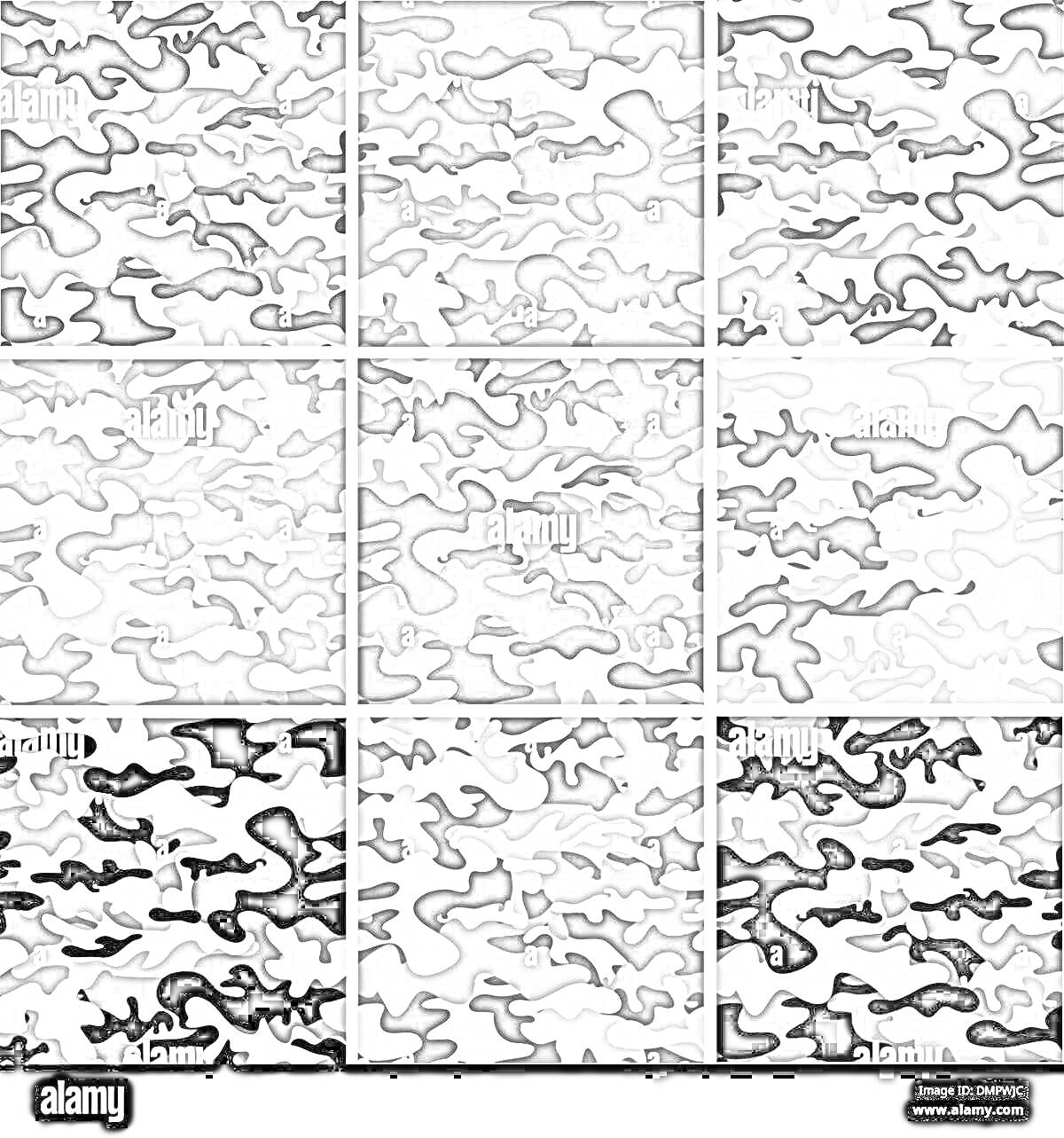 Раскраска Набор из девяти видов камуфляжа серых оттенков в клетчатой сетке