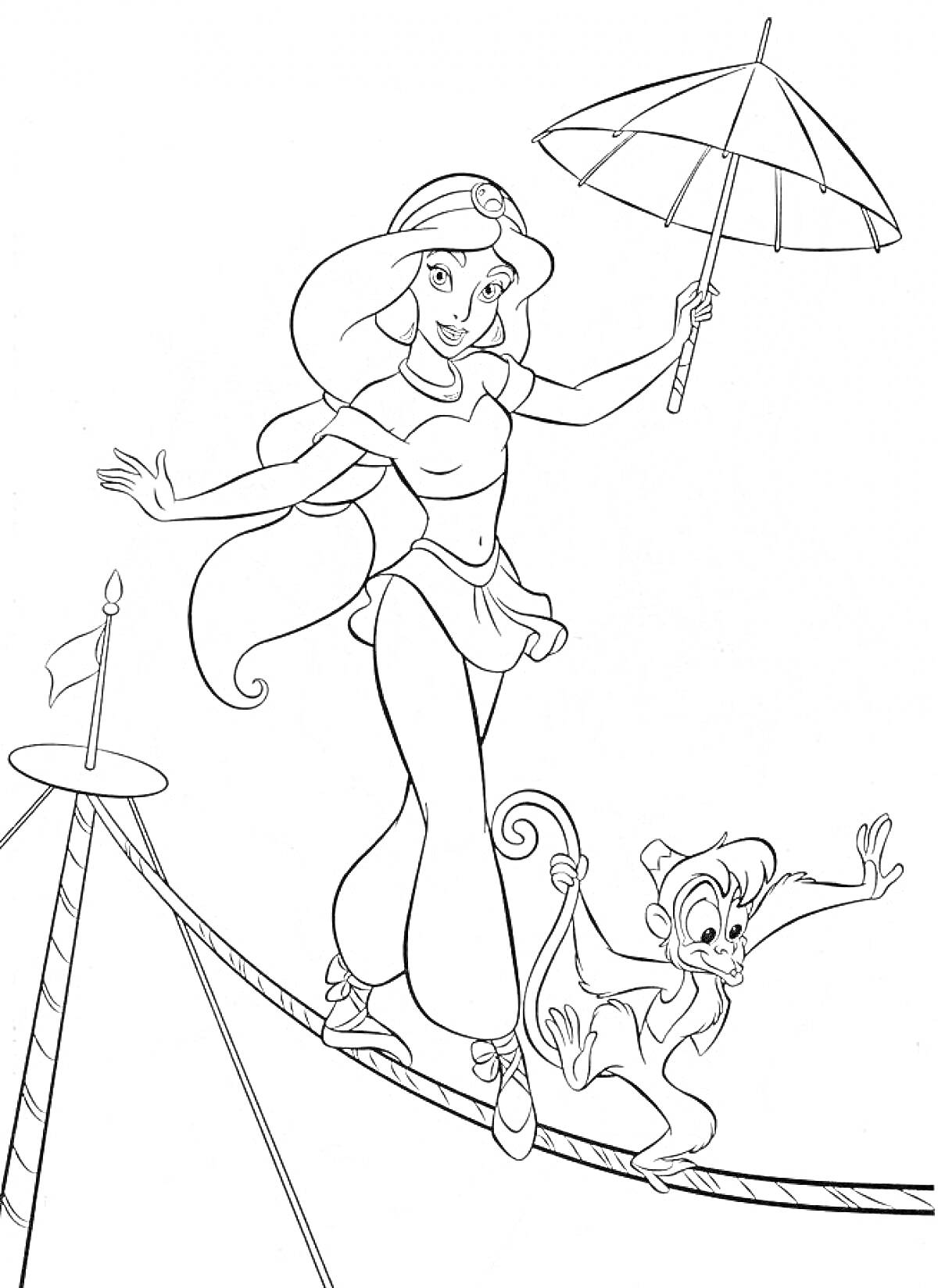 Раскраска Принцесса Жасмин идет по канату с зонтиком и обезьянкой