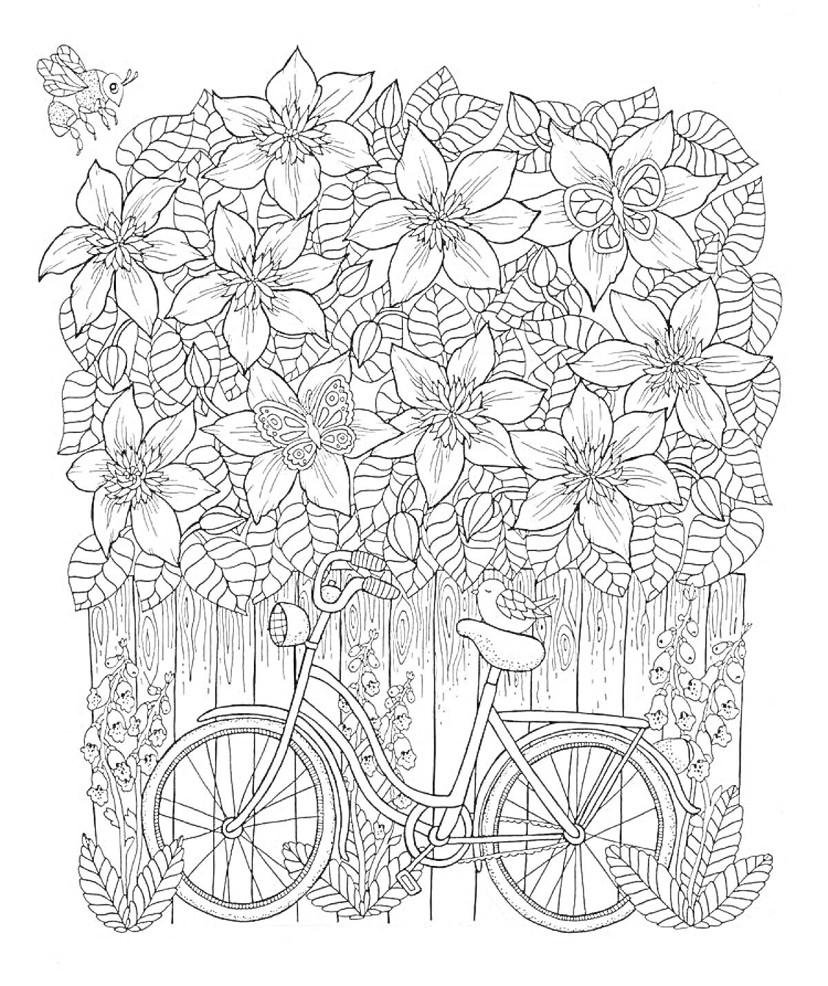 Раскраска Велосипед у забора с цветами, листьями и бабочками