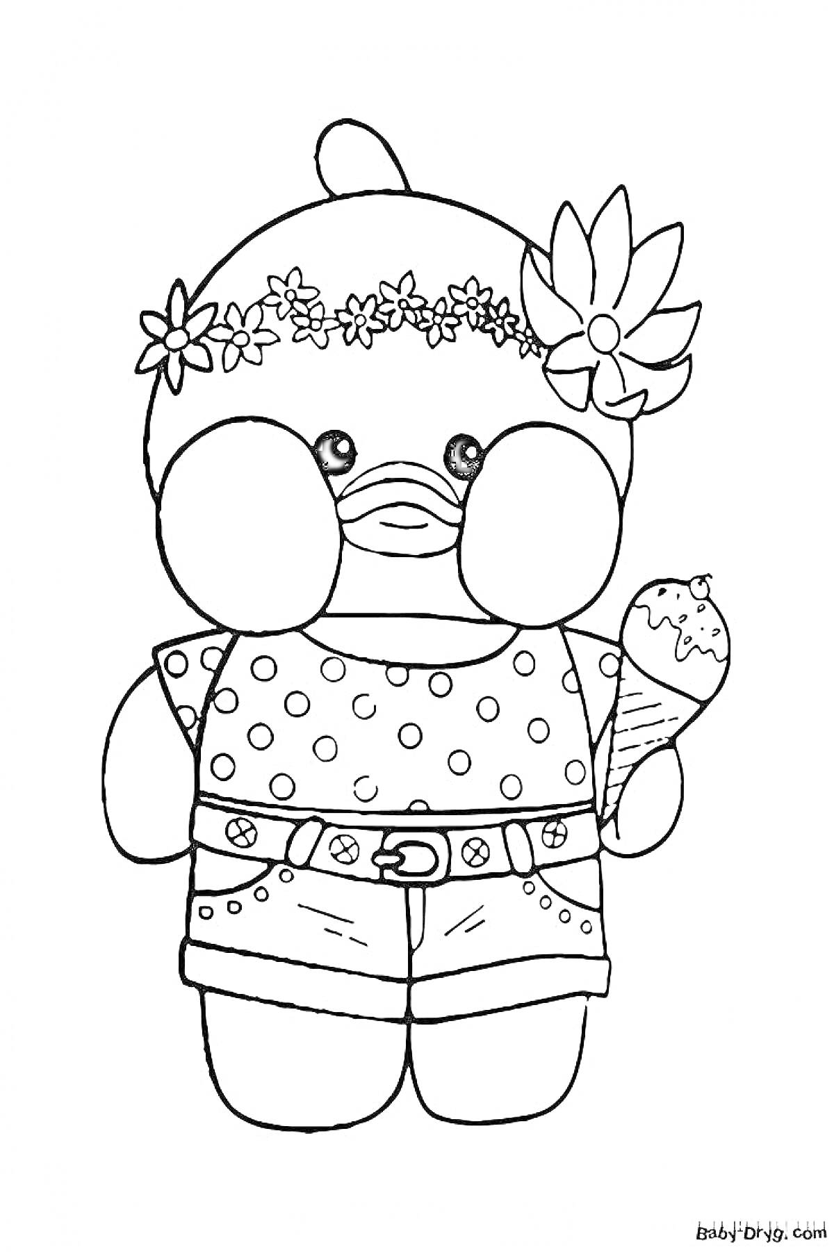 Раскраска Раскраска утка Лалафанфан с цветочным венком, шортами и мороженым в руке