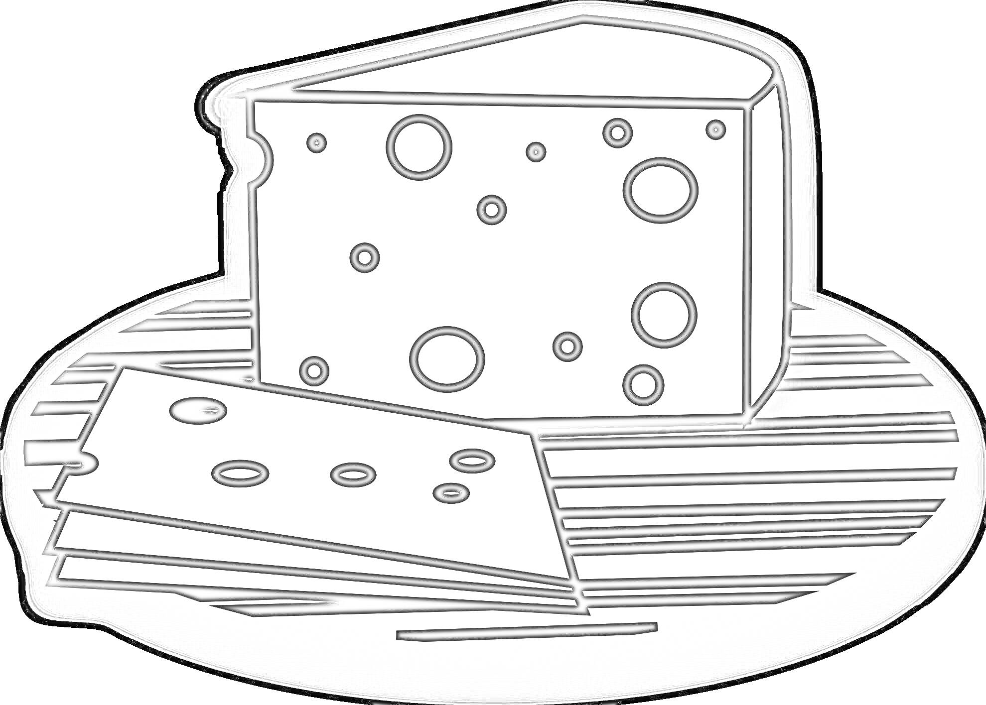 Раскраска Кусок сыра и два ломтика на деревянной поверхности