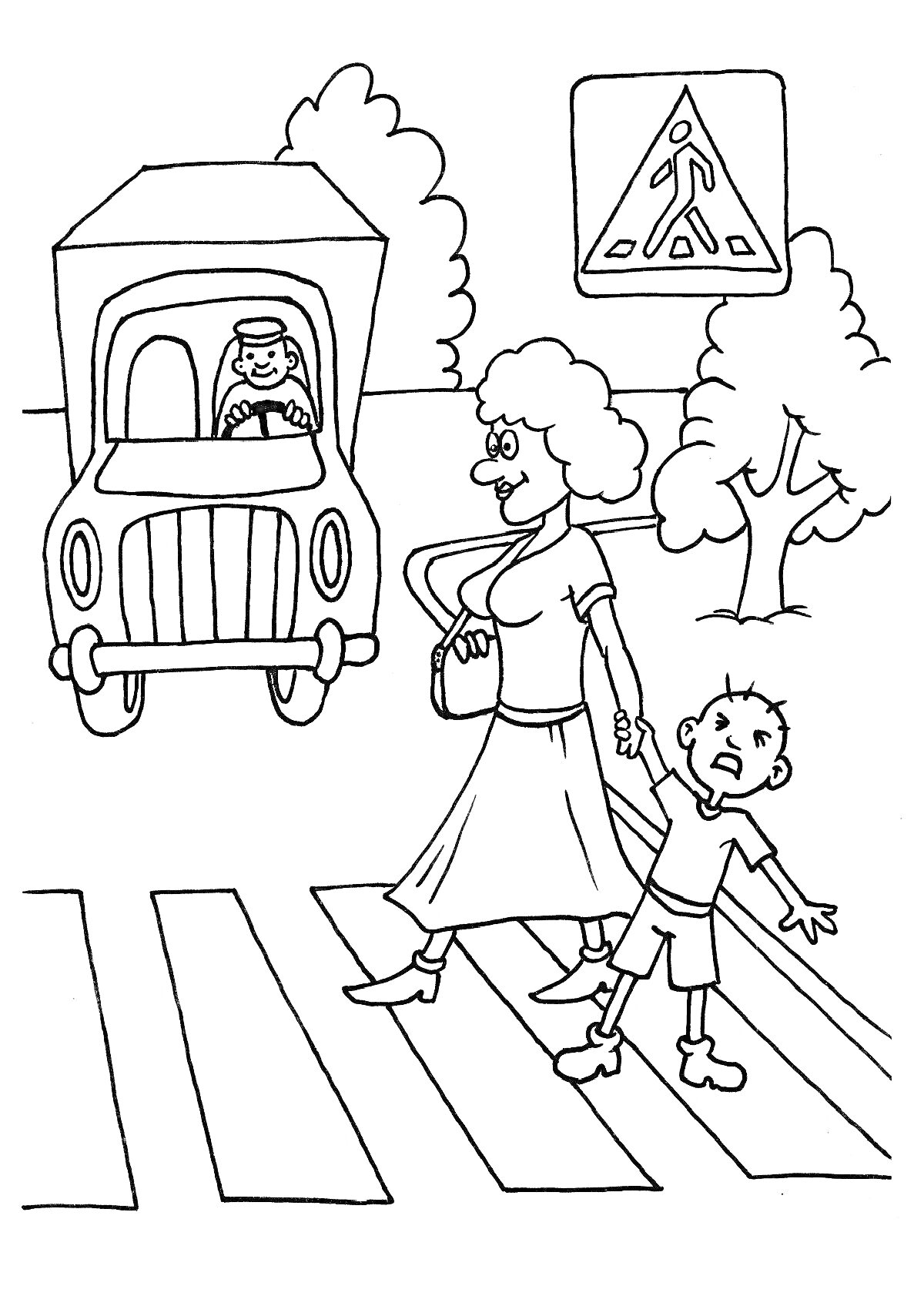 На раскраске изображено: Пешеходный переход, Мама, Ребенок, Водитель, Деревья, Безопасное движение