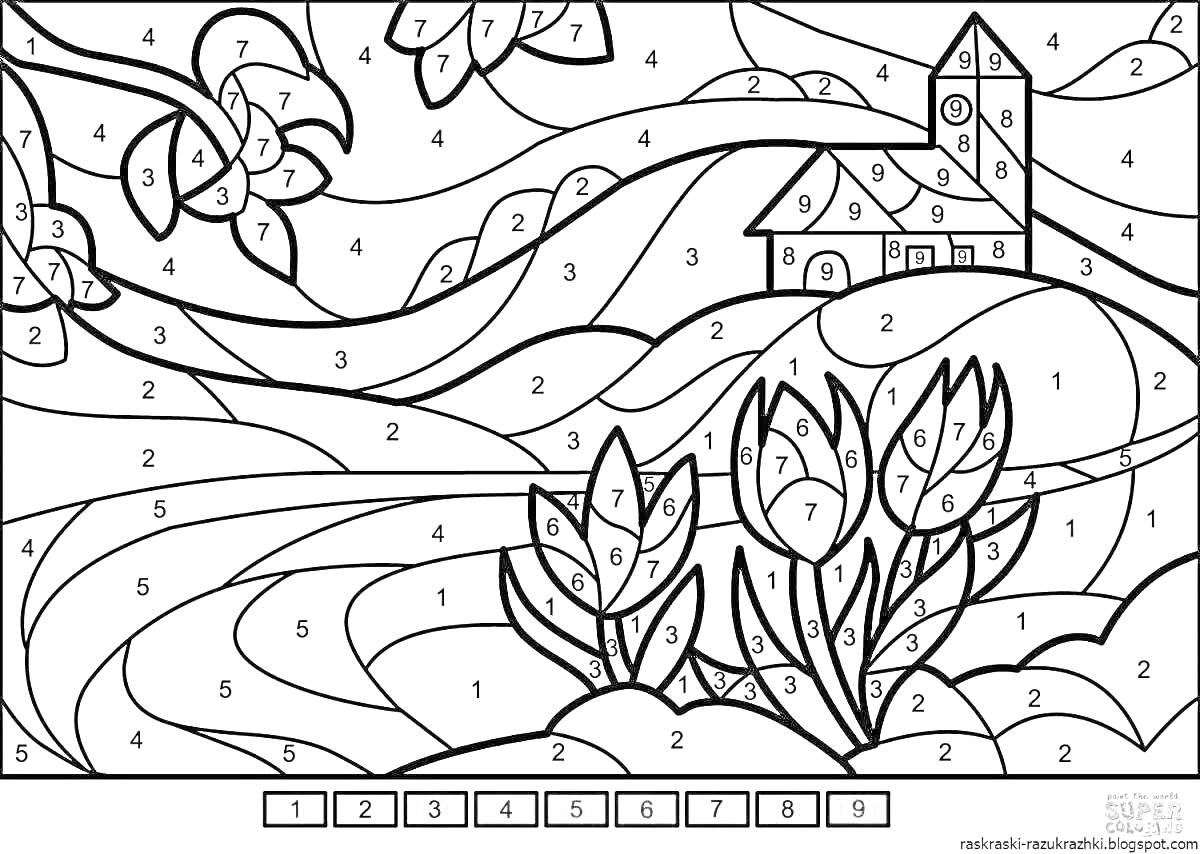 Раскраска Дом и цветы на фоне холмов на закате