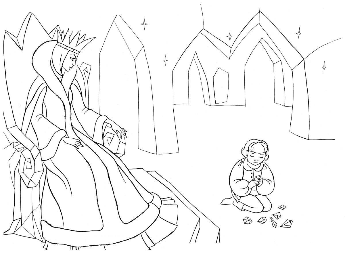 На раскраске изображено: Снежная королева, Трон, Ребенок, Замок, Кай, Герда