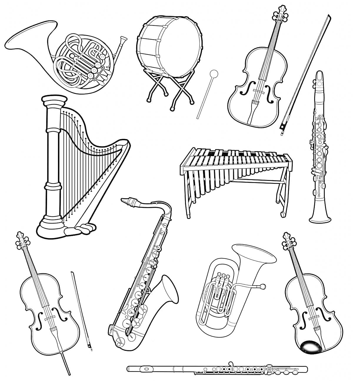 Раскраска Музыкальные инструменты: французский рожок, барабан, трещётка, виолончель, арфа, ксилофон, кларнет, скрипка, саксофон, тромбон, флейта